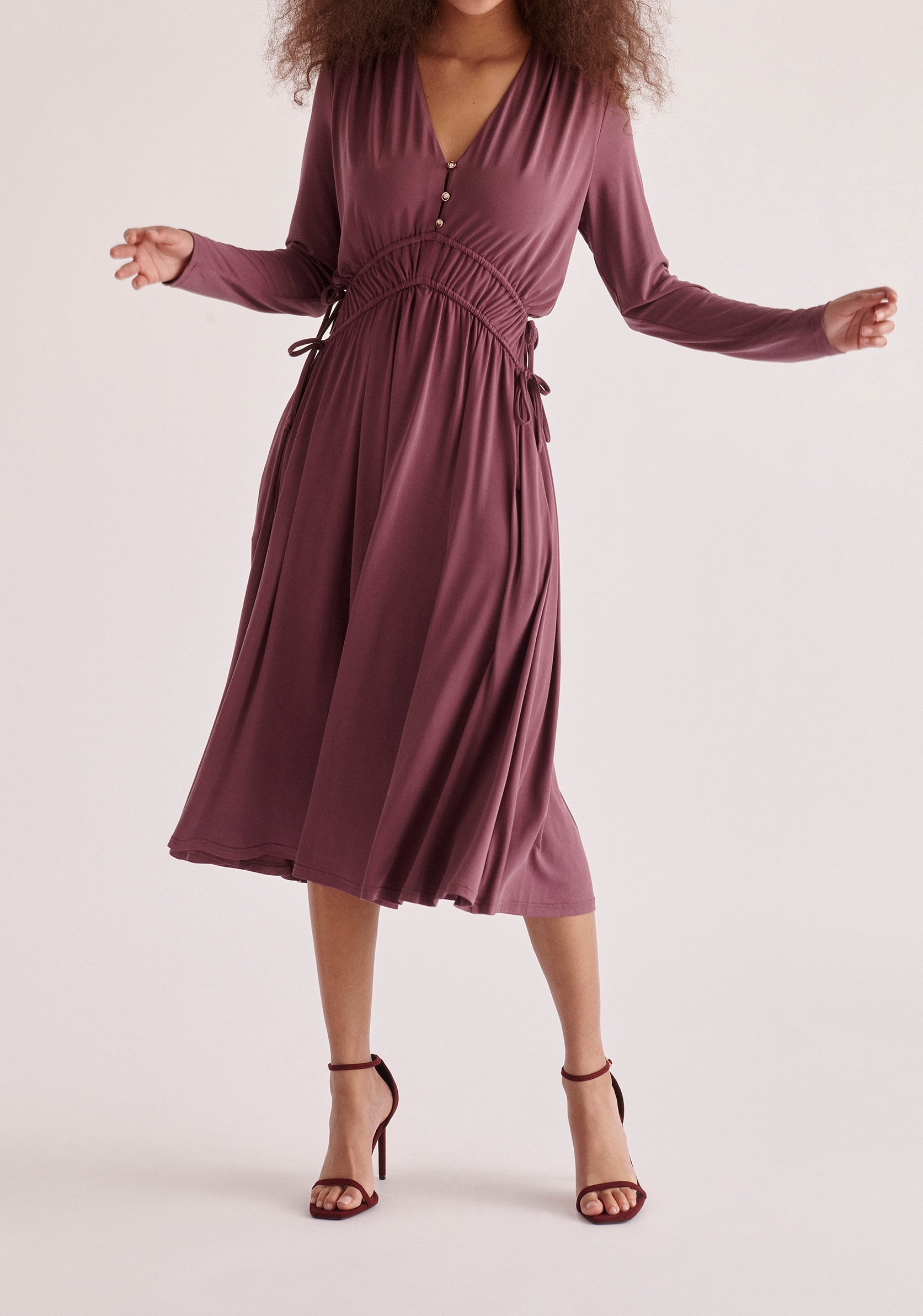 Paisie Ruched Waist Modal Dress in Purple