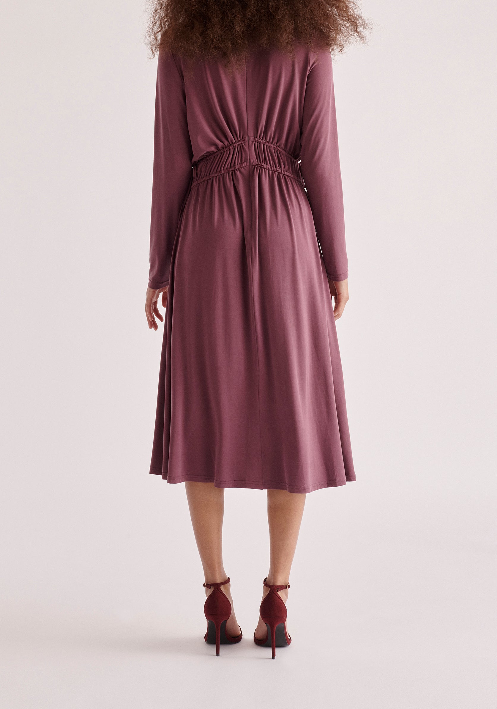 Paisie Ruched Waist Modal Dress in Purple Back