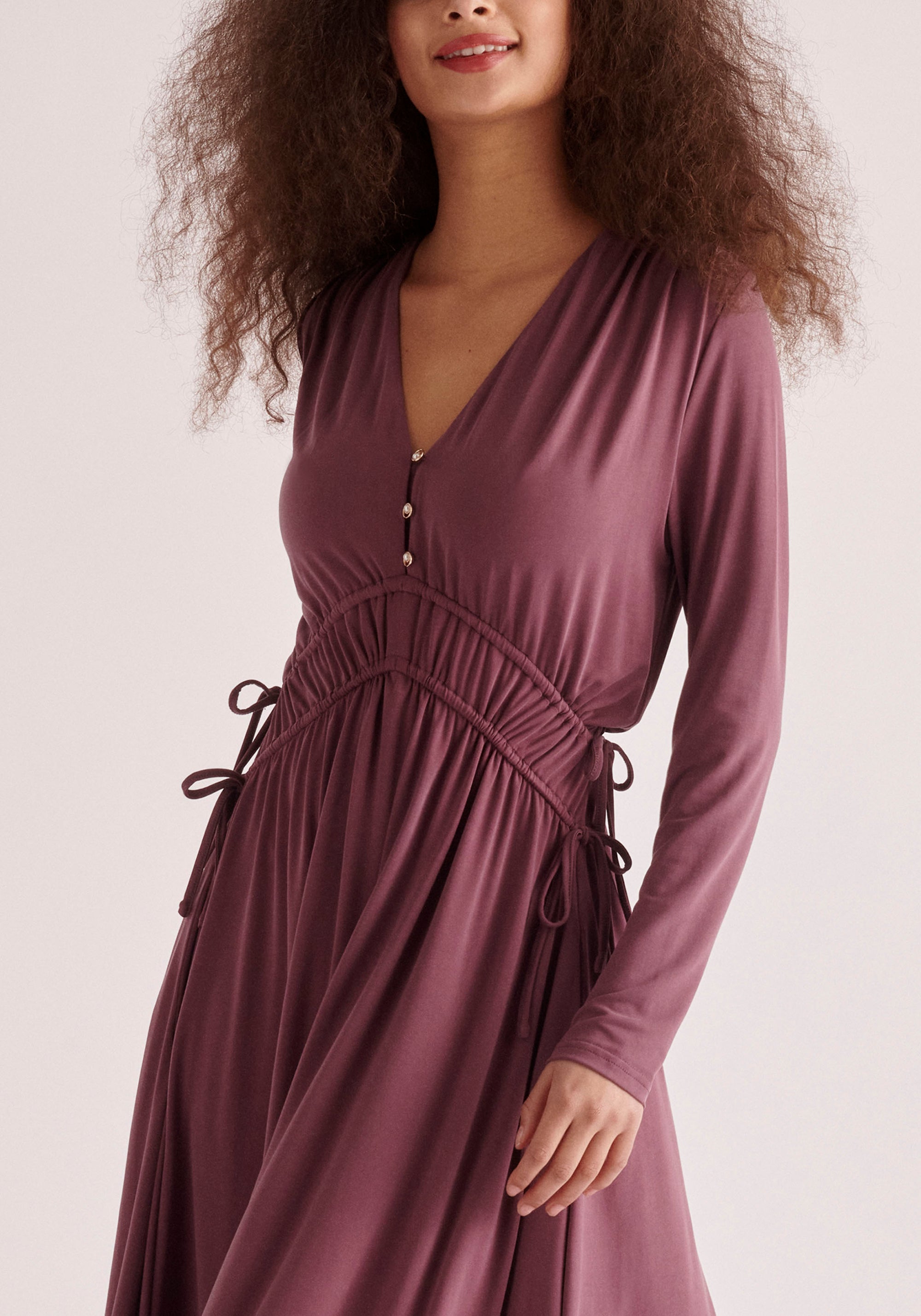 Paisie Ruched Waist Modal Dress in Purple Close Up