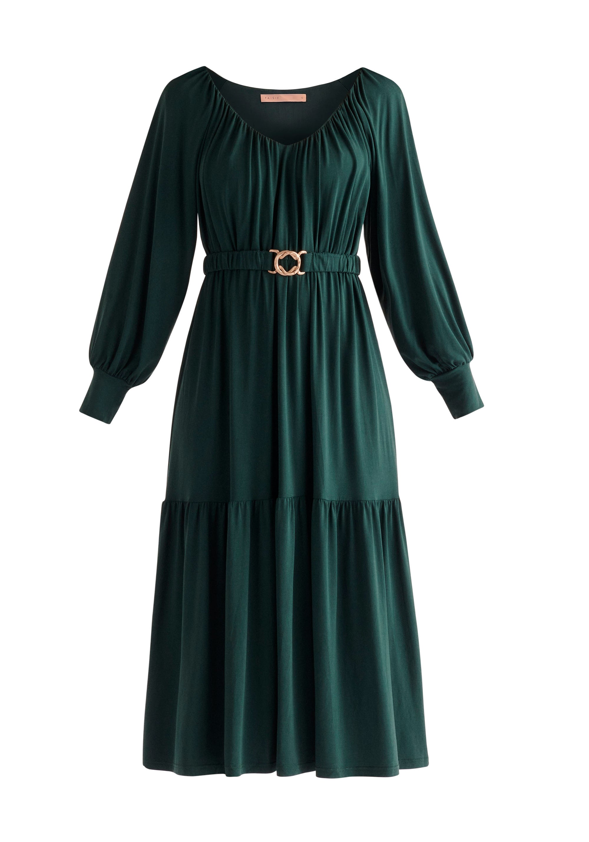 Paisie Belted V-Neck Dress in Dark Green Cut Out