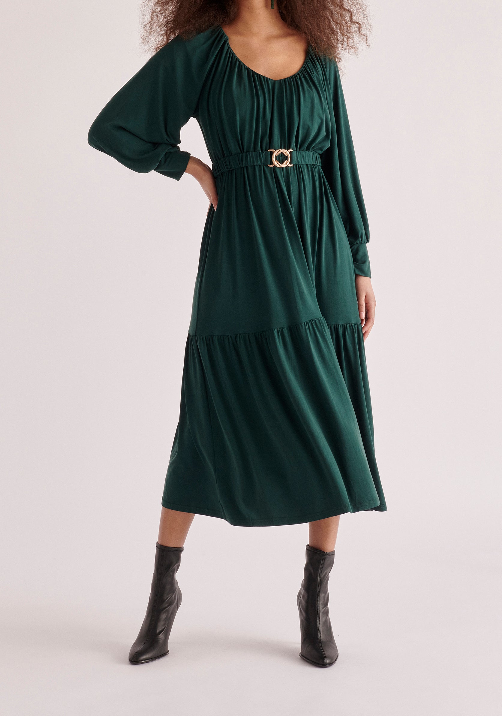 Paisie Belted V-Neck Dress in Dark Green