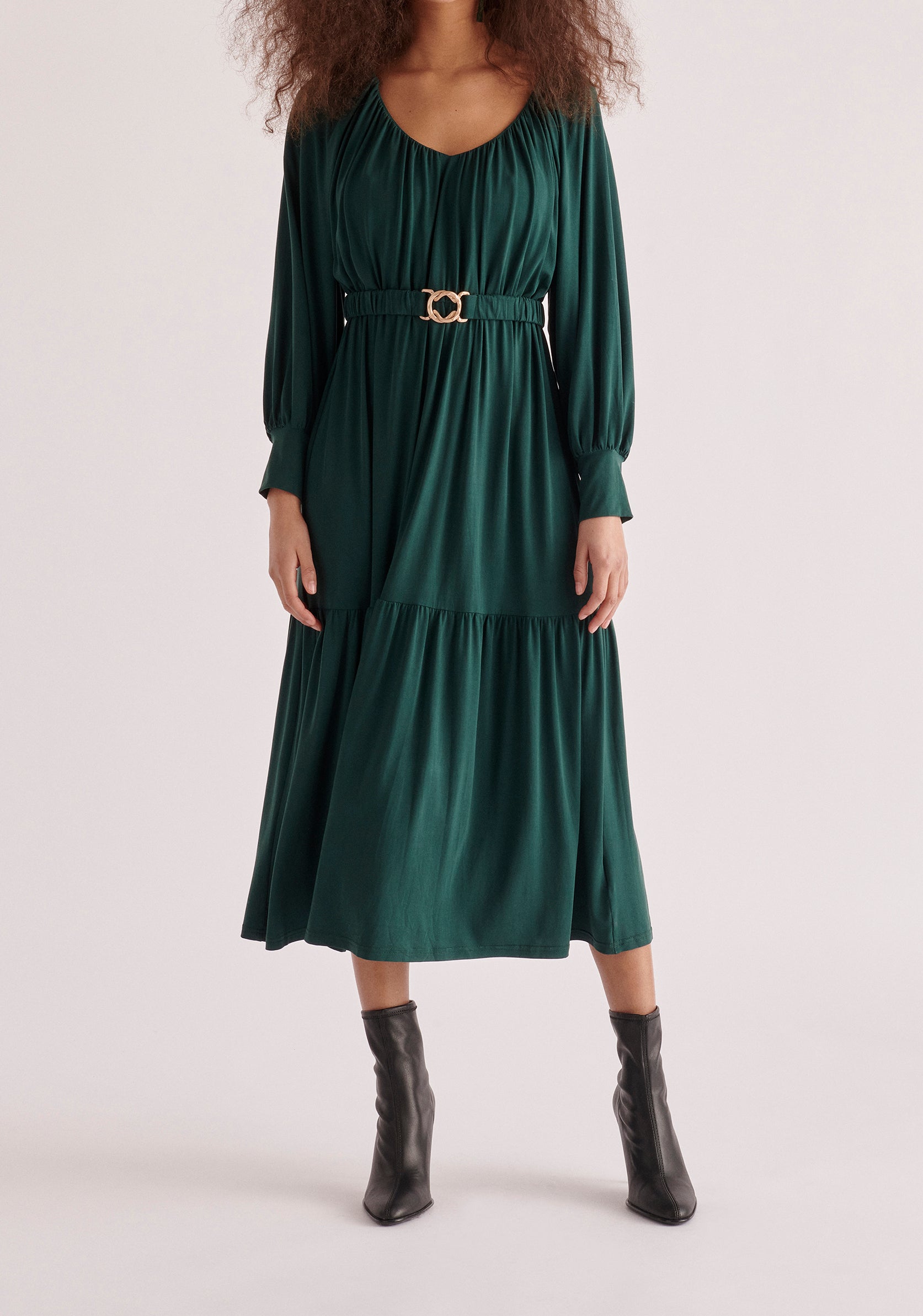 Paisie Belted V-Neck Dress in Dark Green