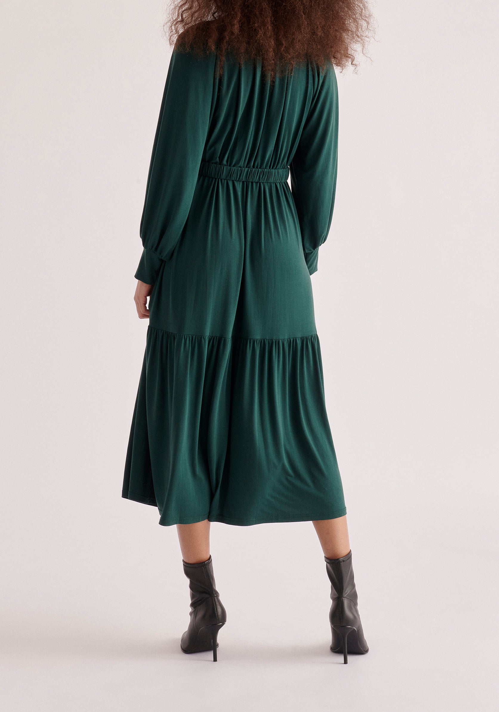 Paisie Belted V-Neck Dress in Dark Green Back