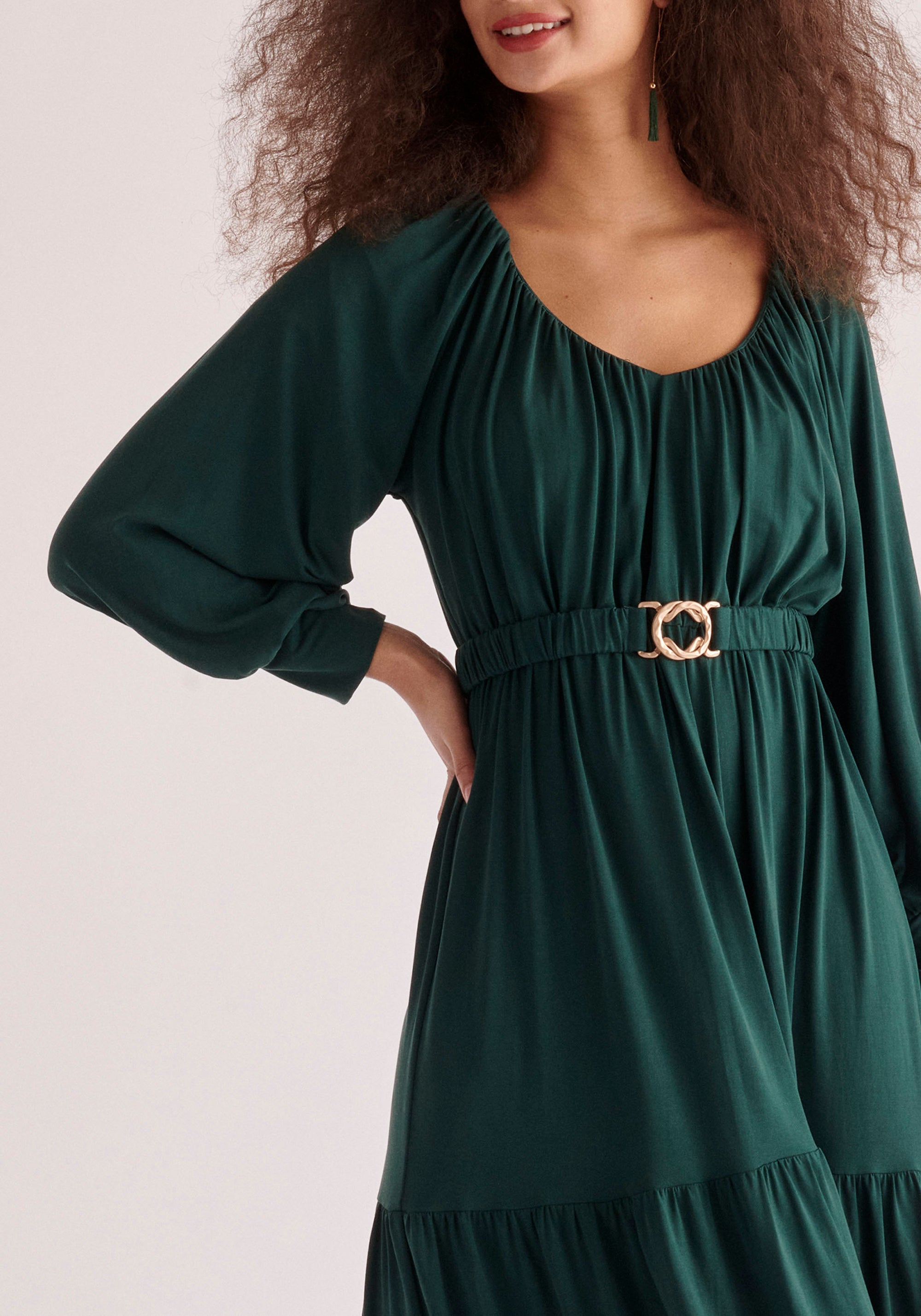 Paisie Belted V-Neck Dress in Dark Green Close Up