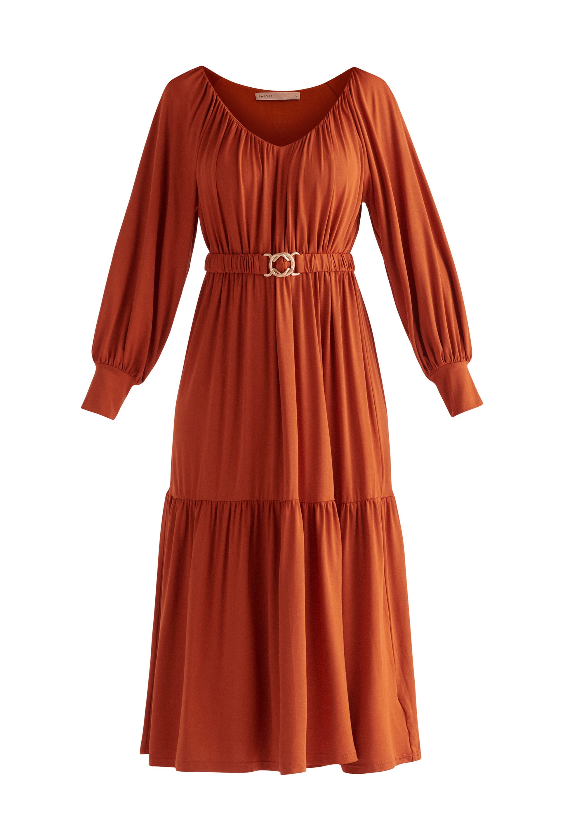 Paisie Belted V-Neck Dress in Burnt Orange Cut Out