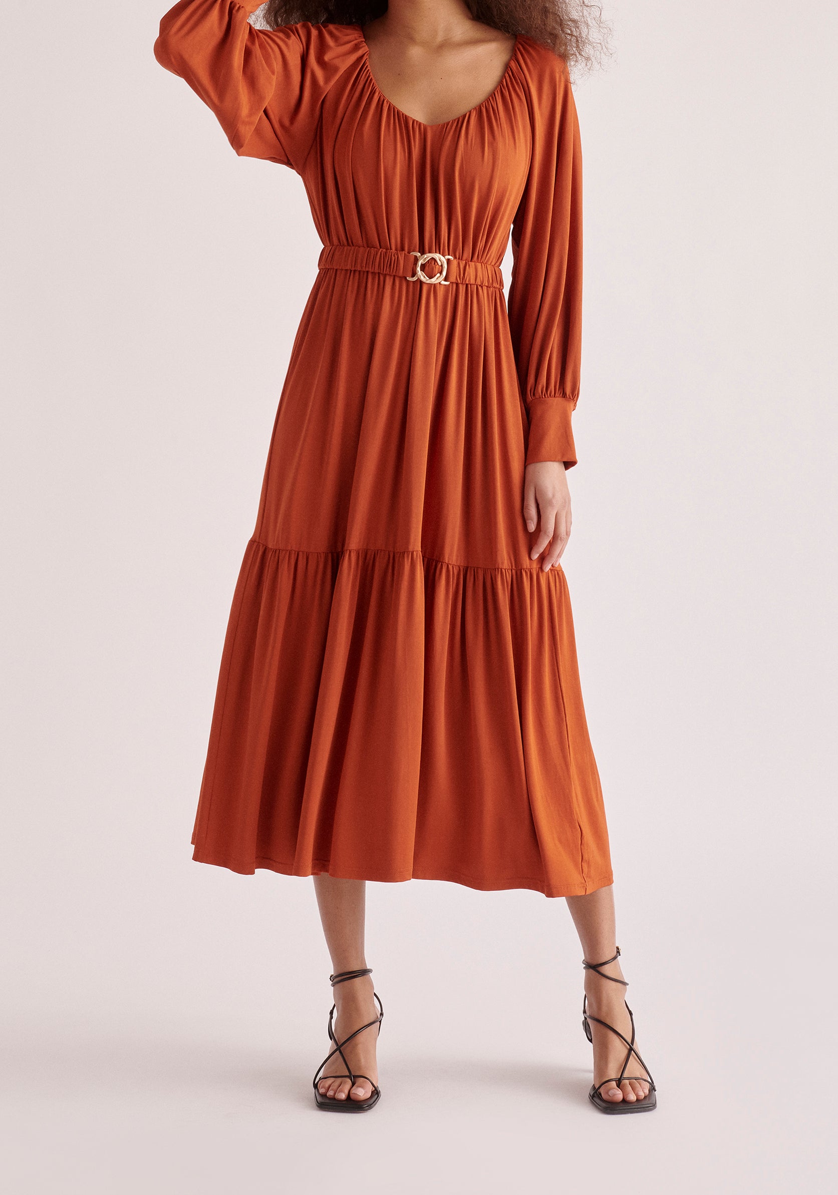 Paisie Belted V-Neck Dress in Burnt Orange