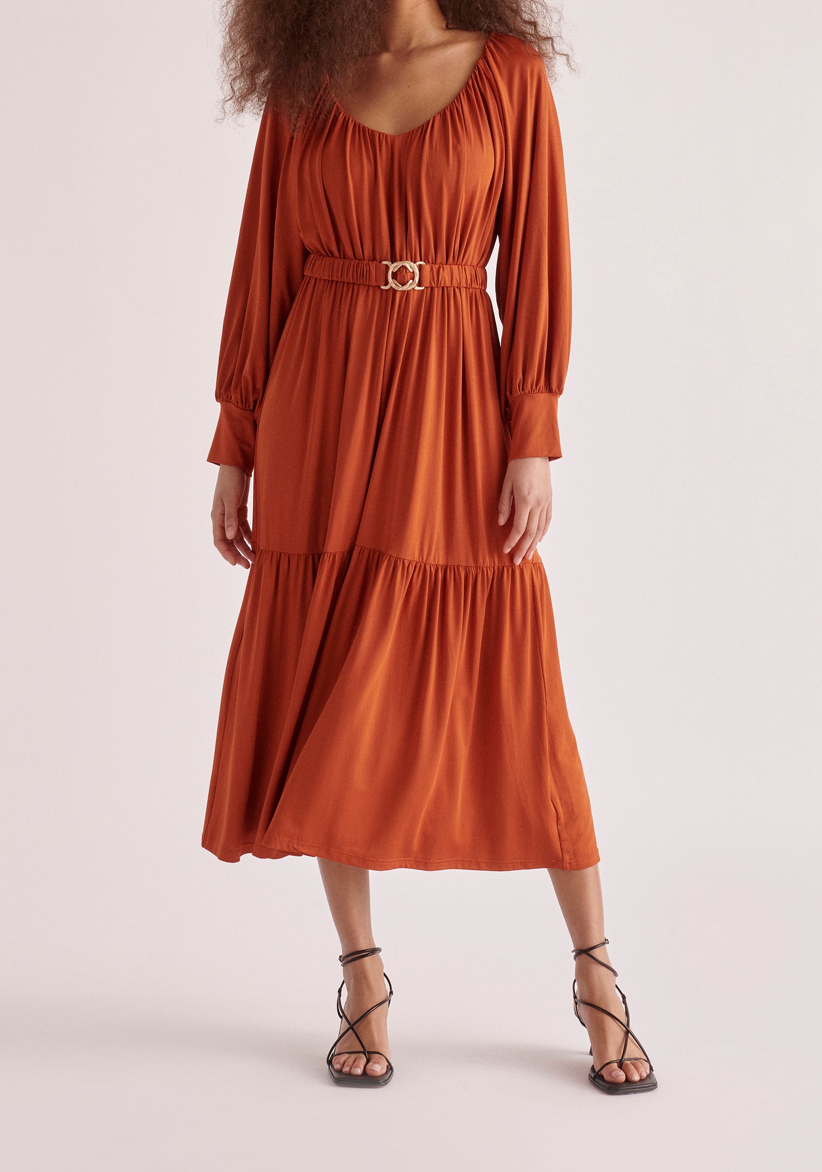 Paisie Belted V-Neck Dress in Burnt Orange