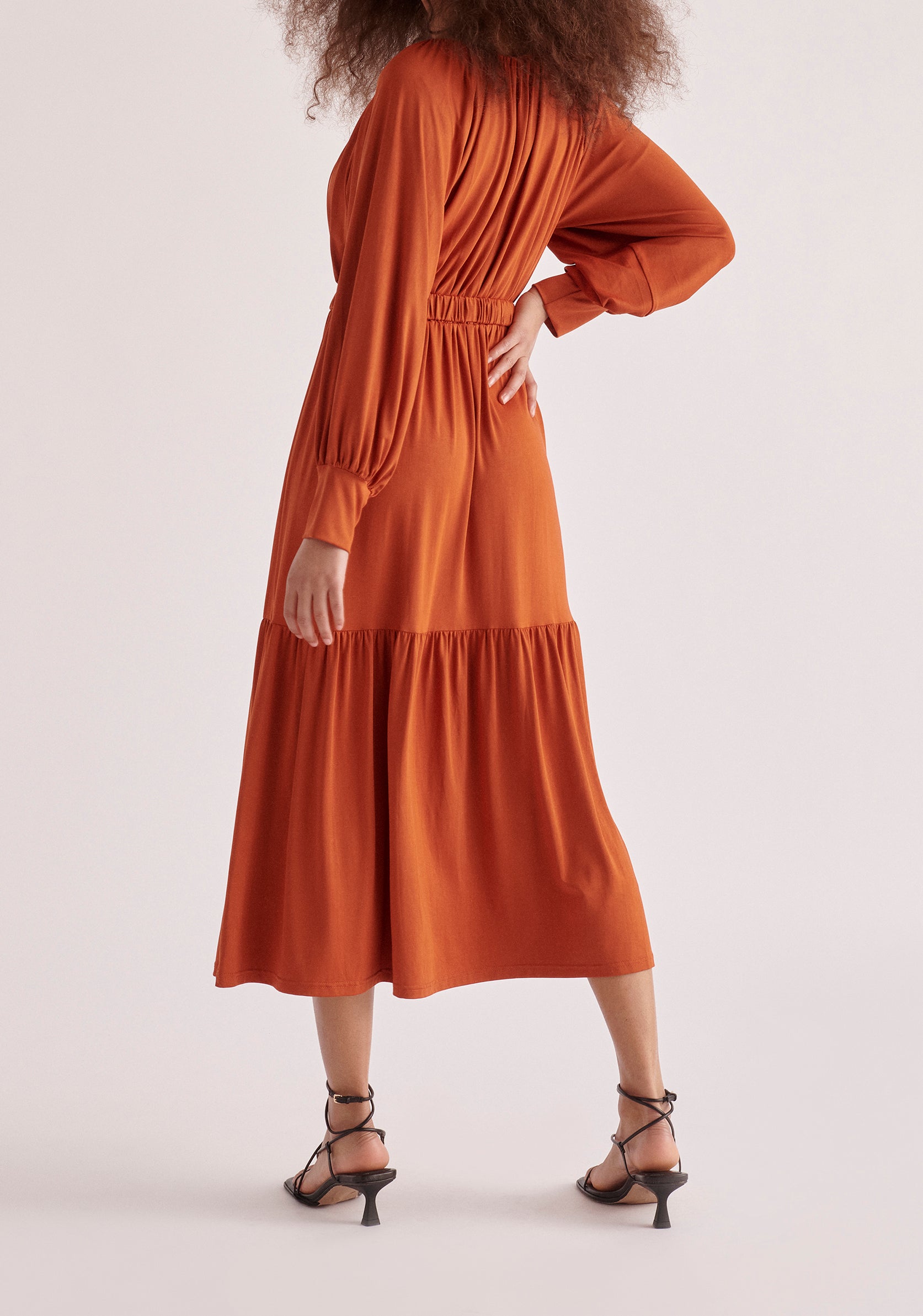 Paisie Belted V-Neck Dress in Burnt Orange Back