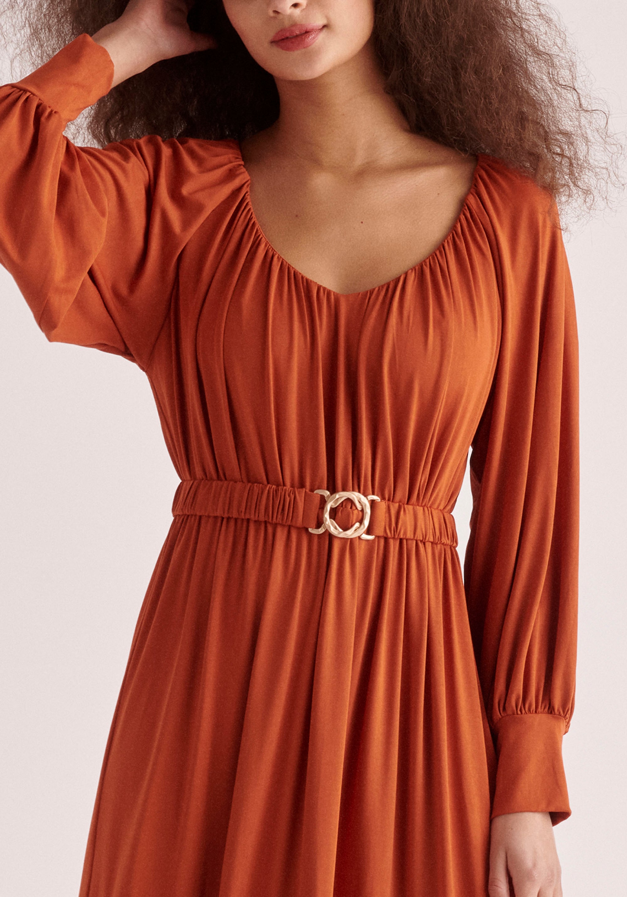 Paisie Belted V-Neck Dress in Burnt Orange Close Up