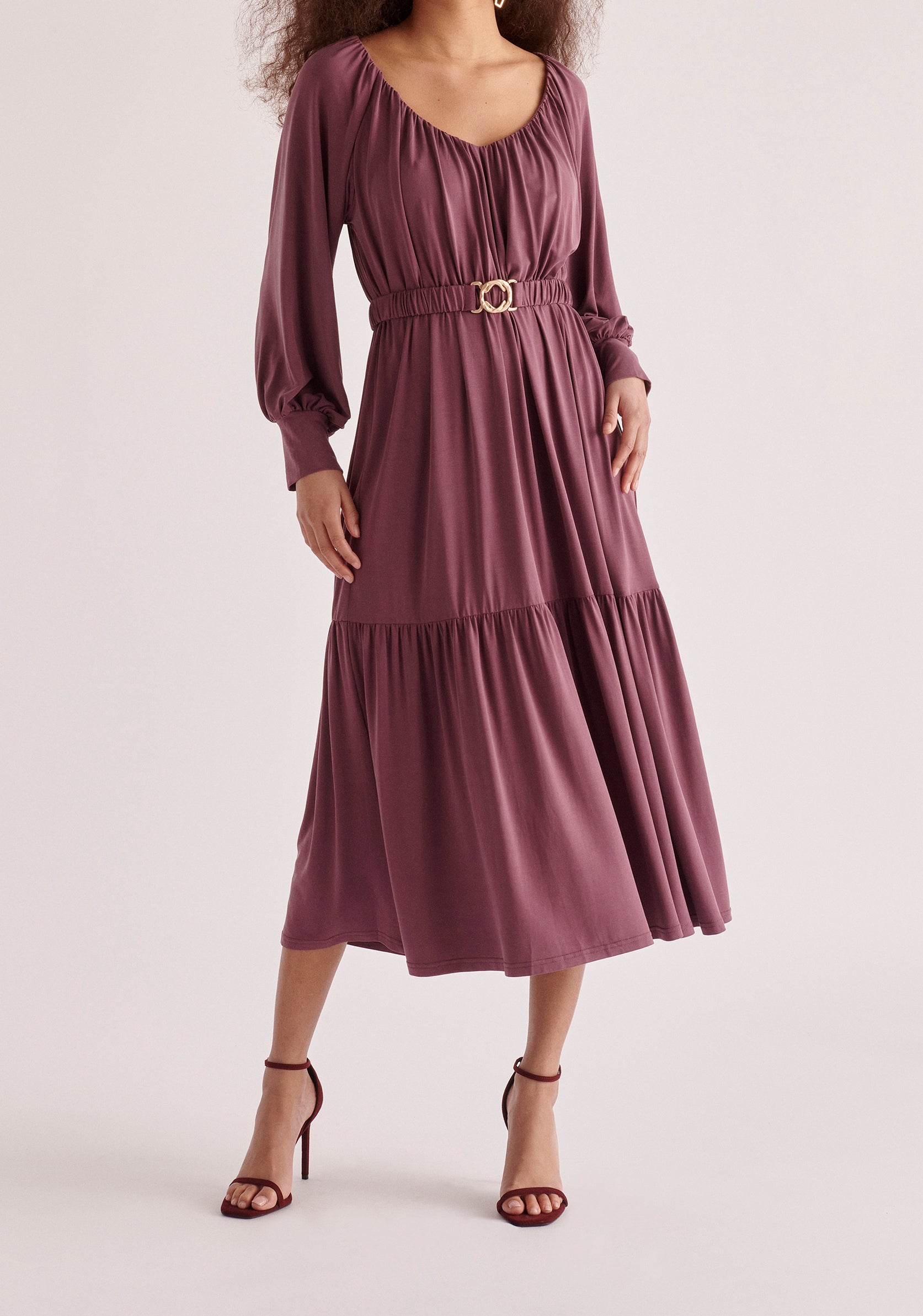 Paisie Belted V-Neck Dress in Purple