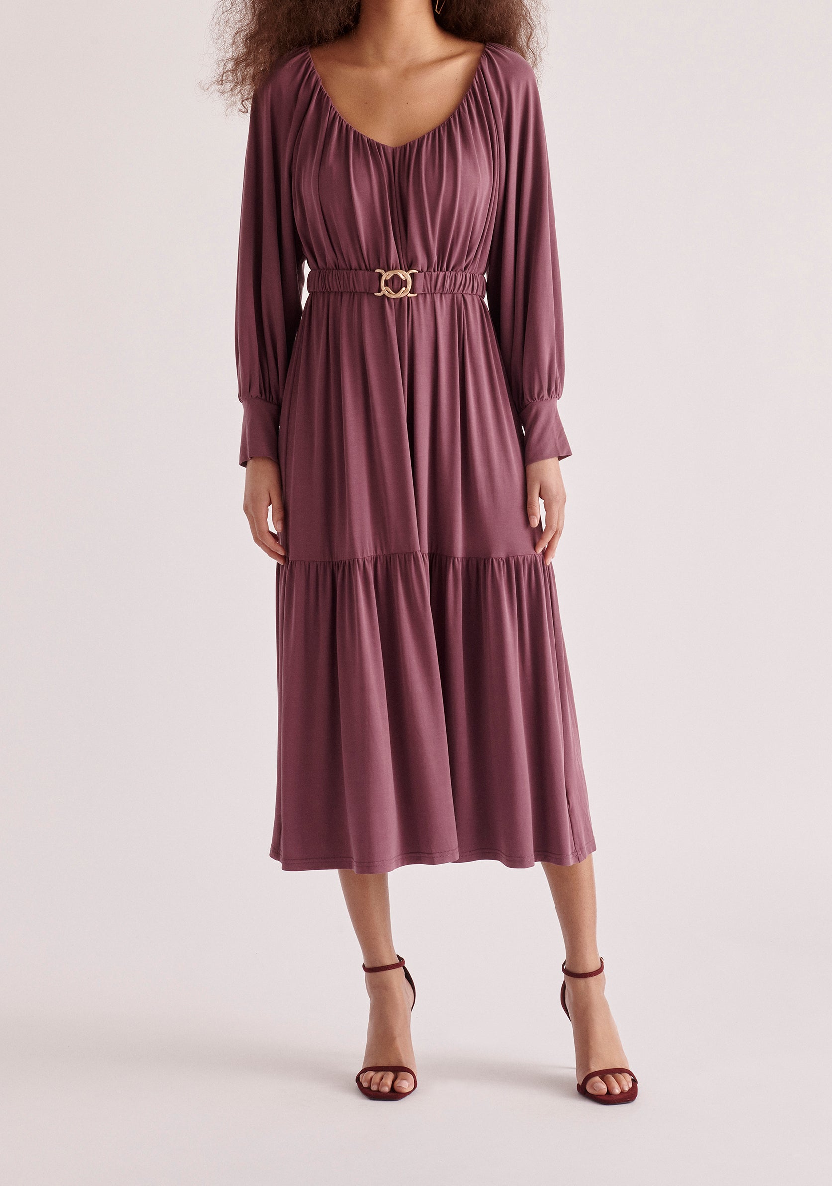 Paisie Belted V-Neck Dress in Purple