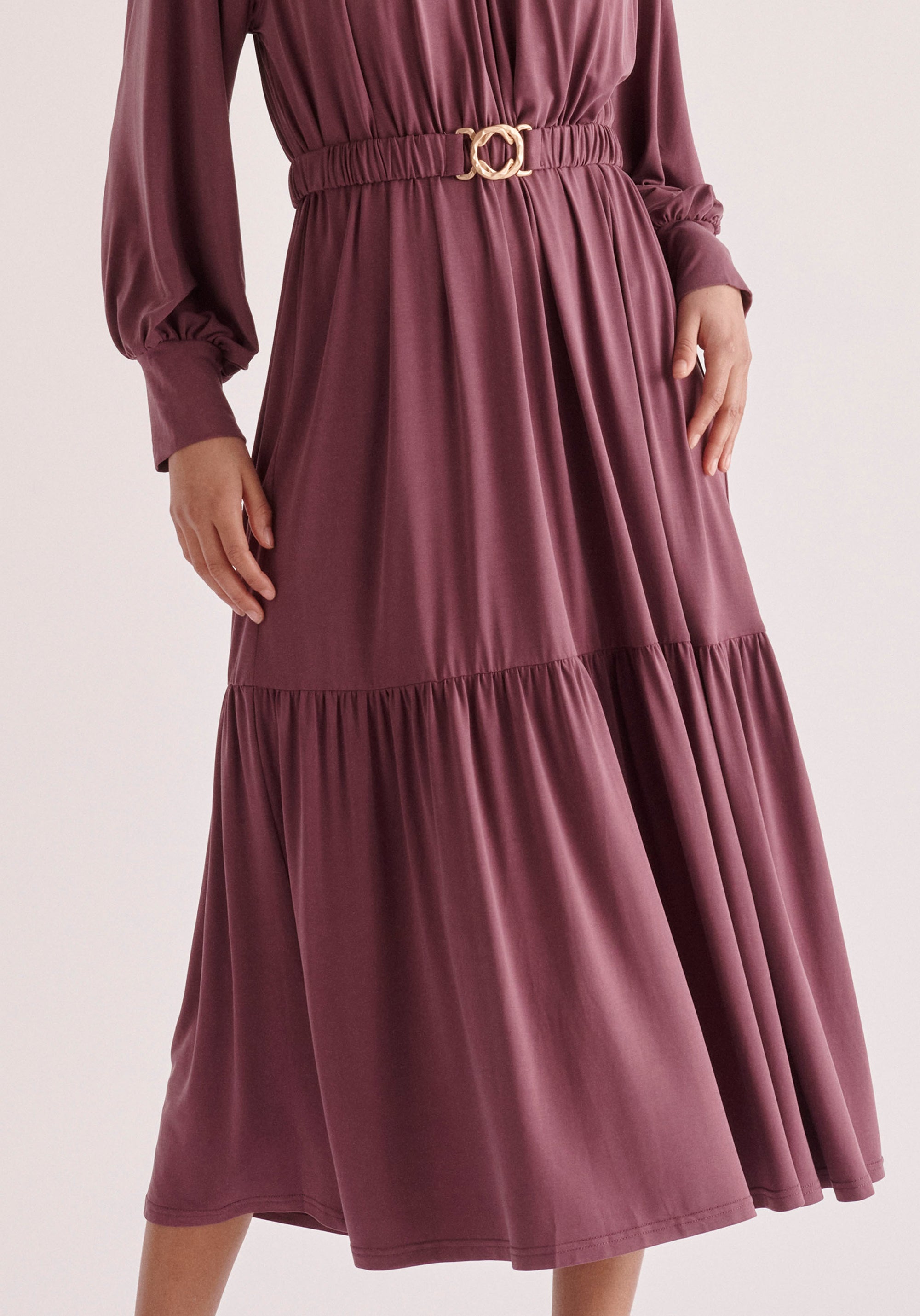 Paisie Belted V-Neck Dress in Purple Close Up