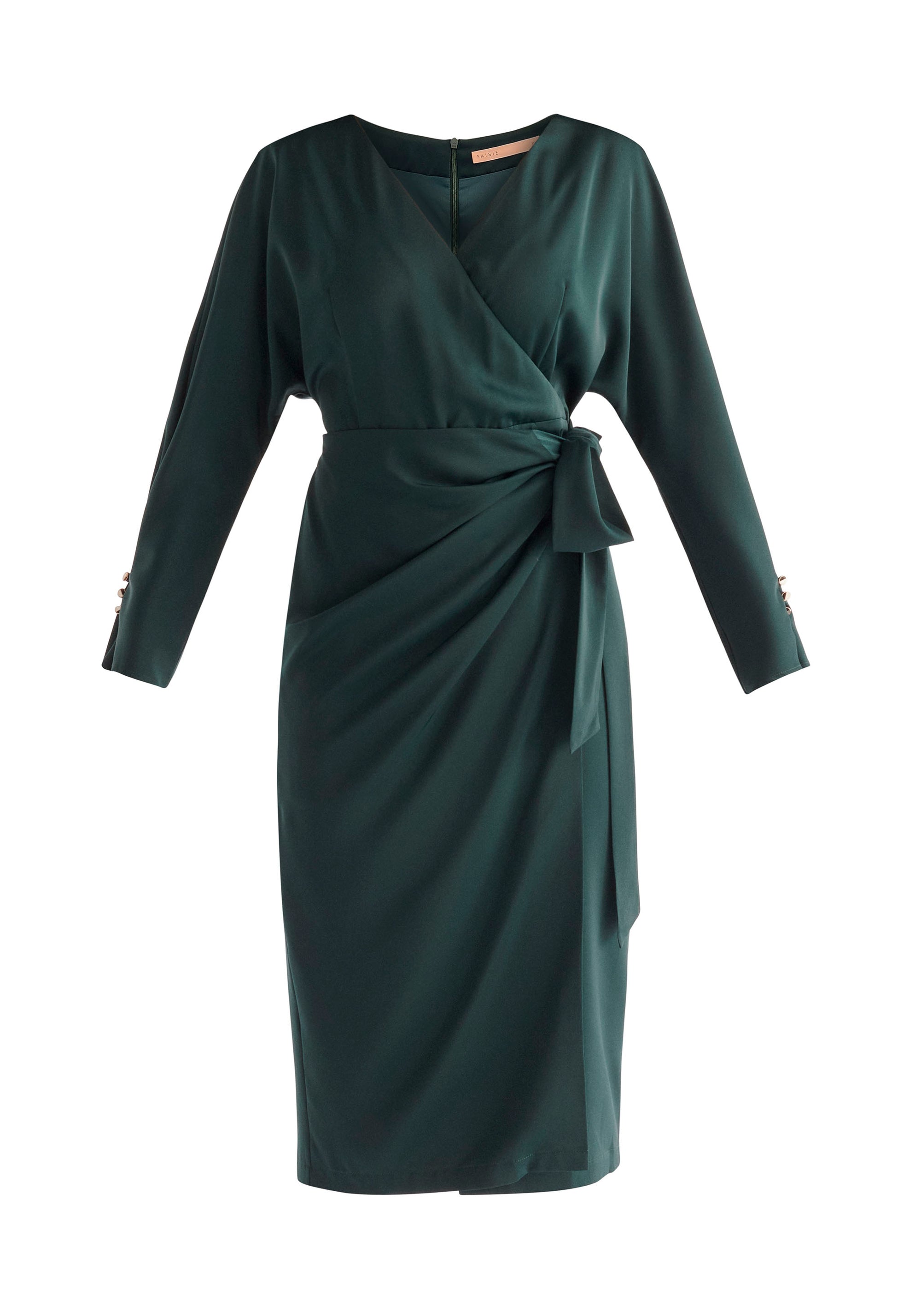 Paisie Satin Wrap Dress in Dark Green Cut Out