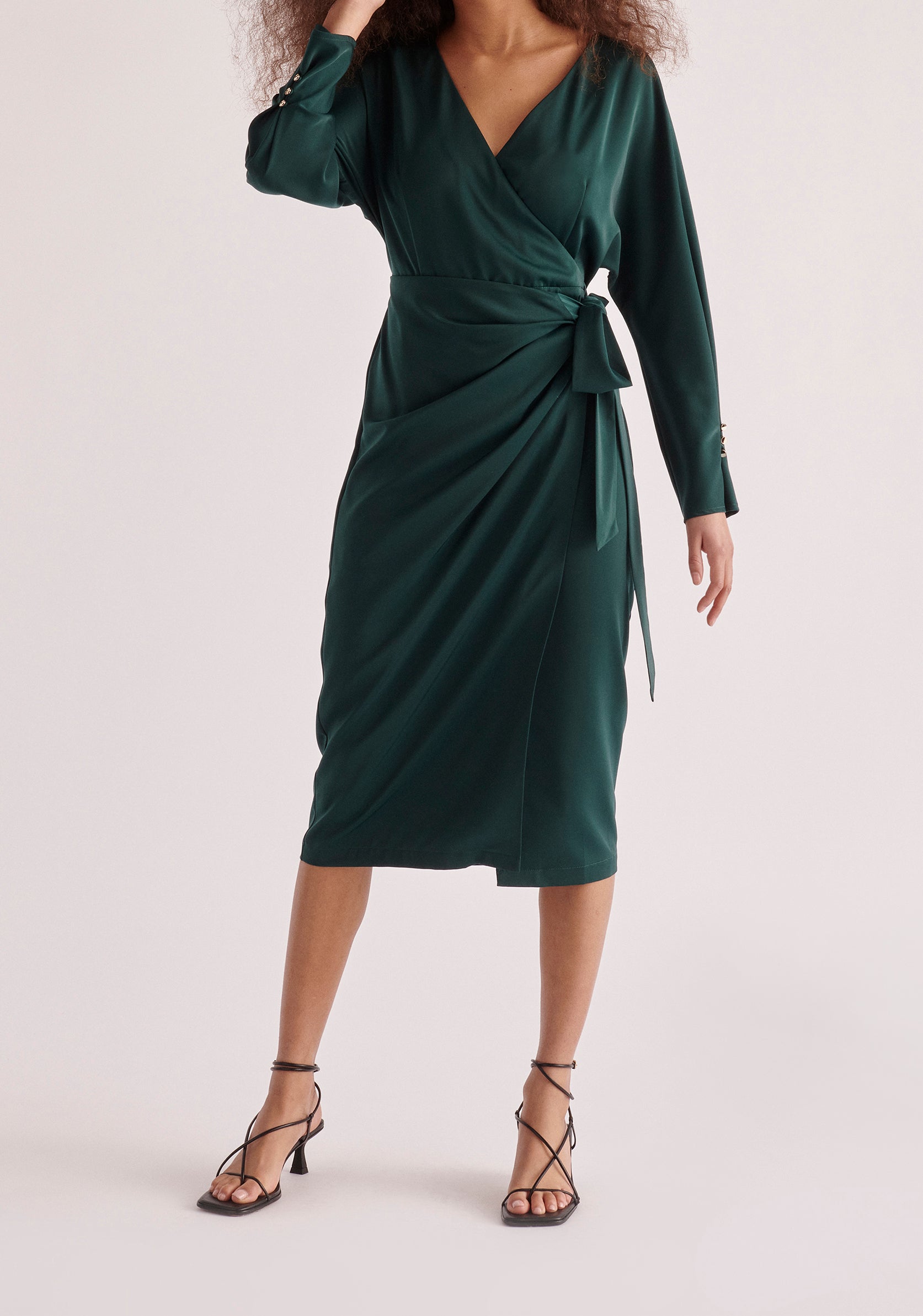 Paisie Satin Wrap Dress in Dark Green