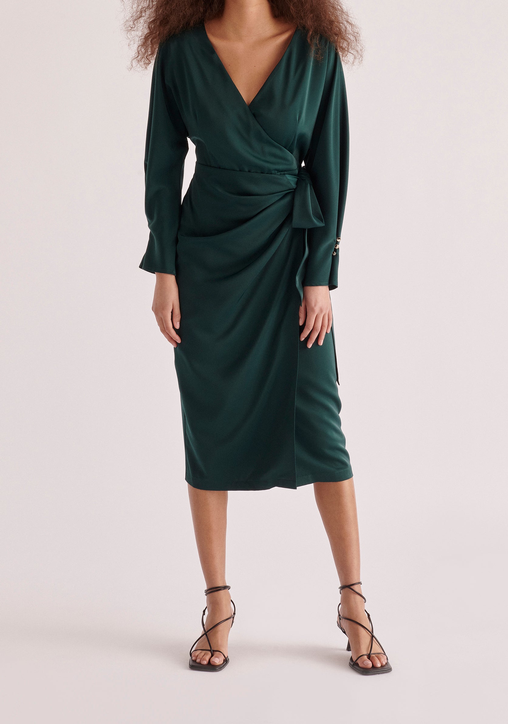 Paisie Satin Wrap Dress in Dark Green