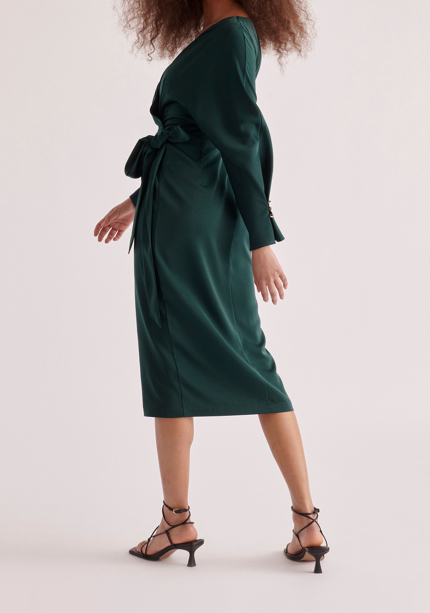 Paisie Satin Wrap Dress in Dark Green Back