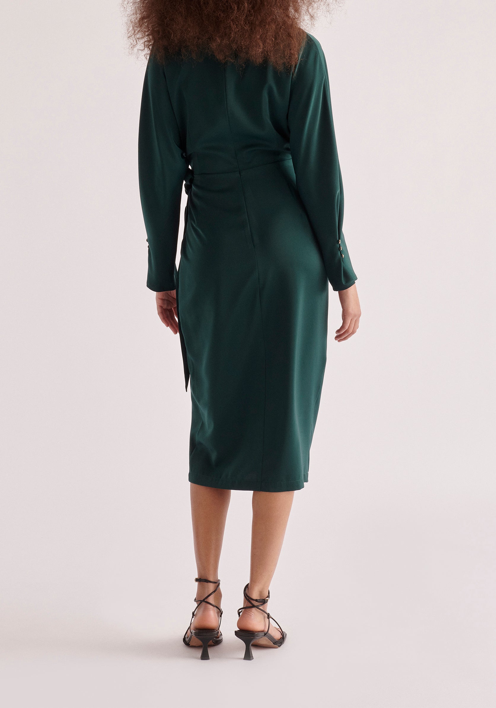 Paisie Satin Wrap Dress in Dark Green Back