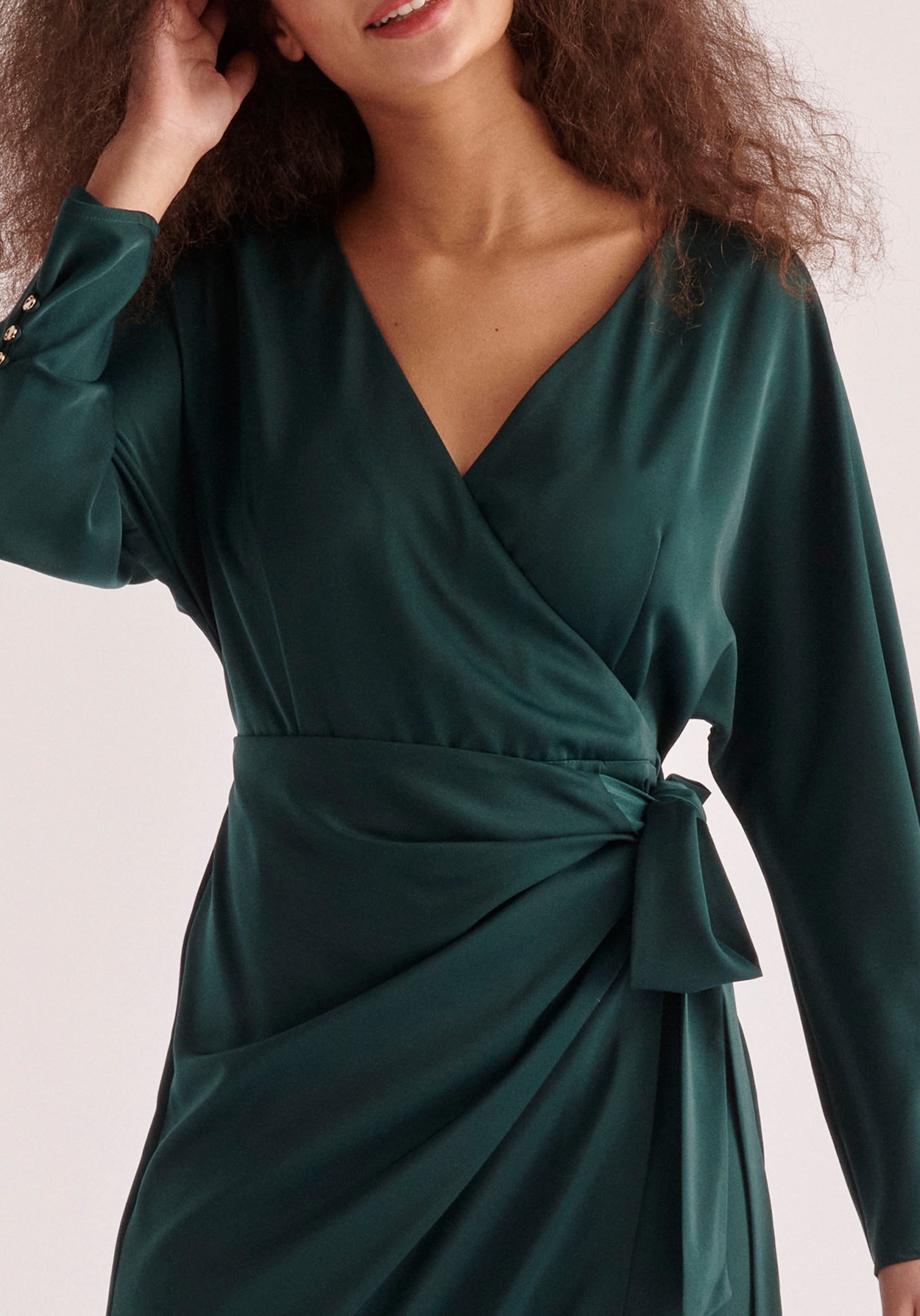 Paisie Satin Wrap Dress in Dark Green Close Up