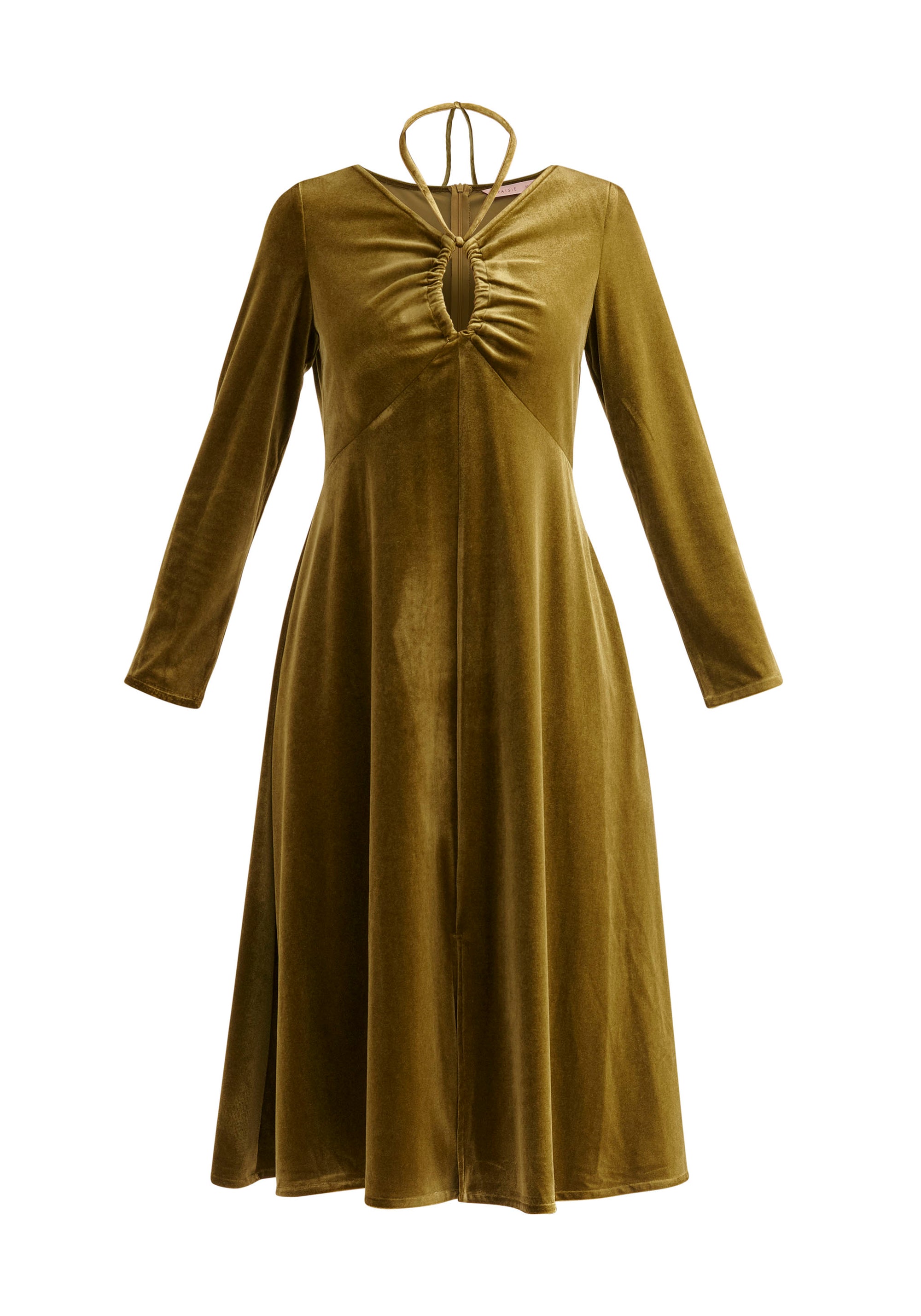 Paisie Velvet Tie-Neck Dress in Olive Green Cut Out