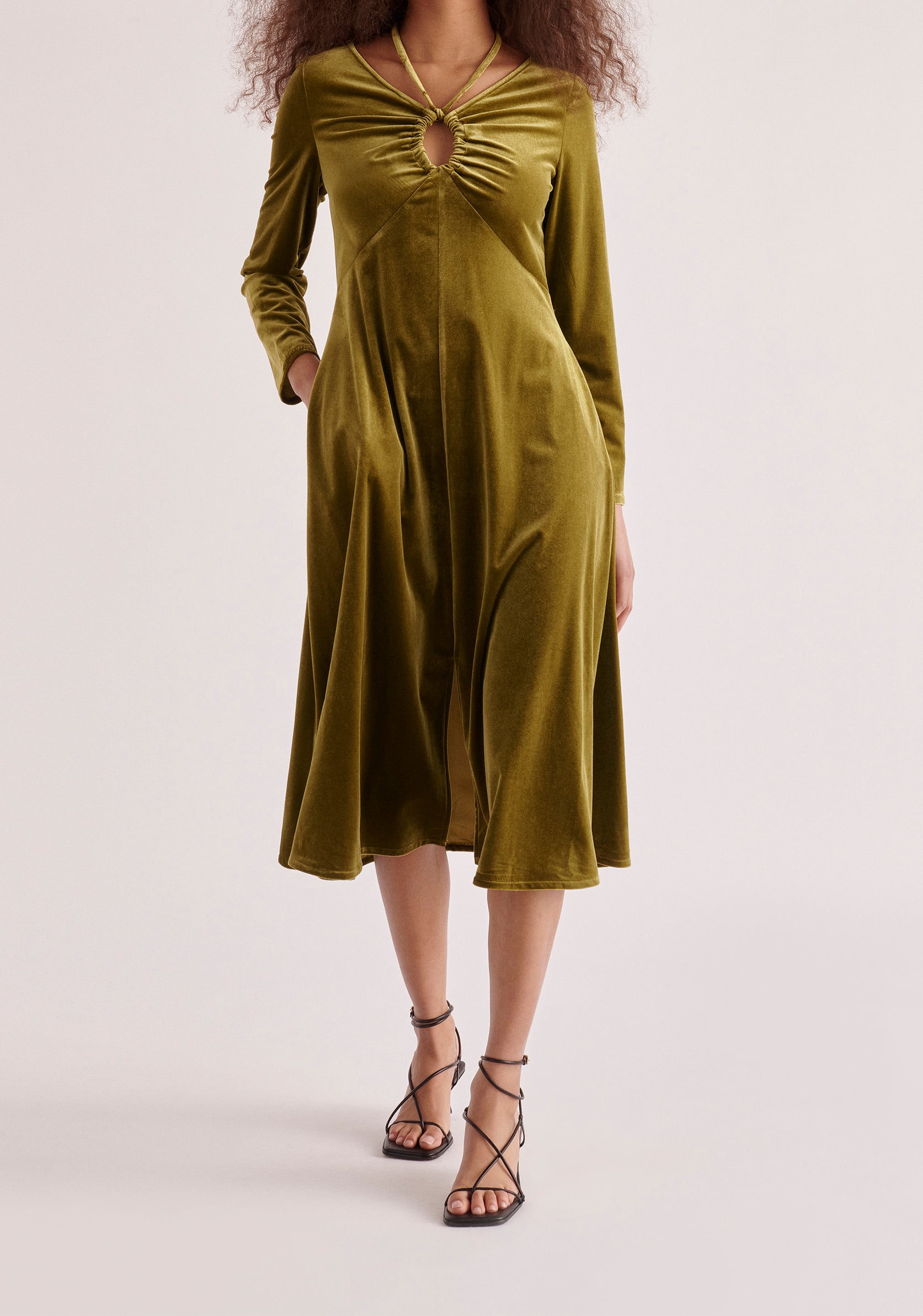 Paisie Velvet Tie-Neck Dress in Olive Green