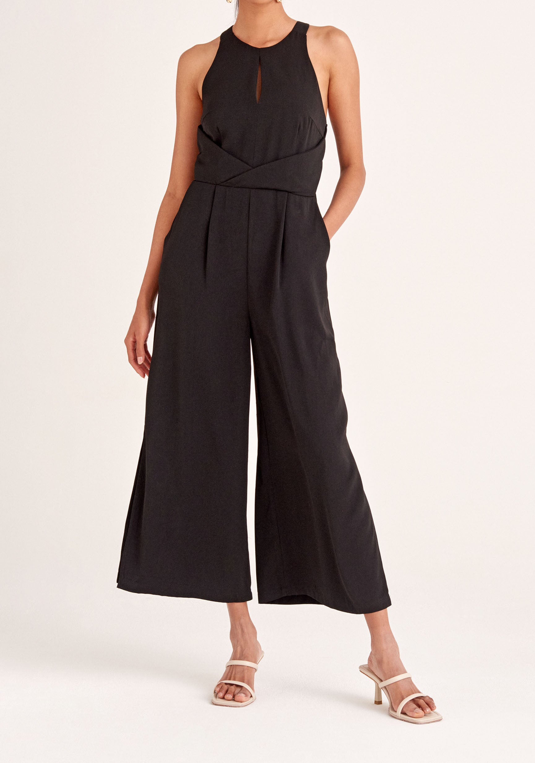 Paisie Detailed Waist Halterneck Jumpsuit in Black