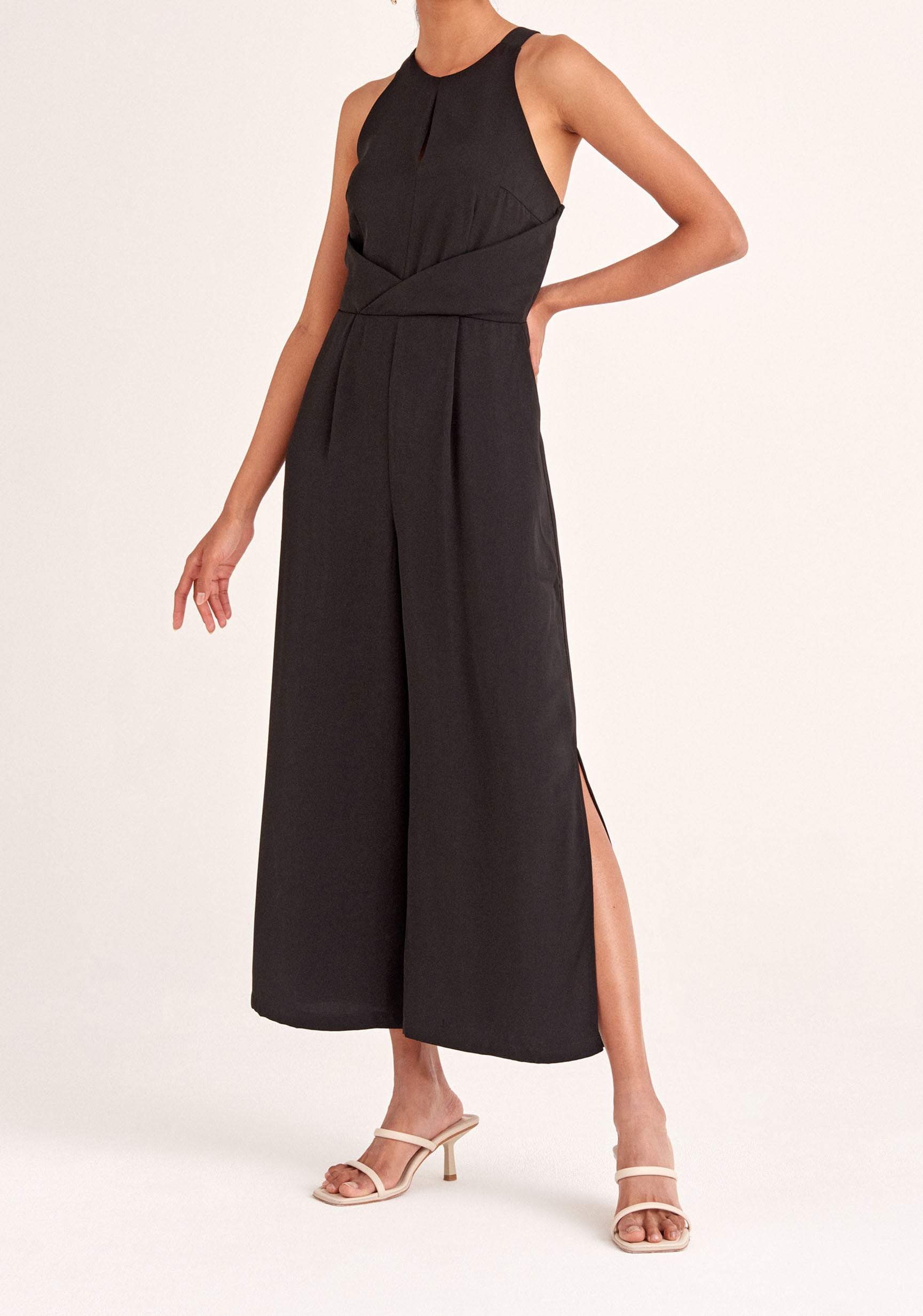 Paisie Detailed Waist Halterneck Jumpsuit in Black