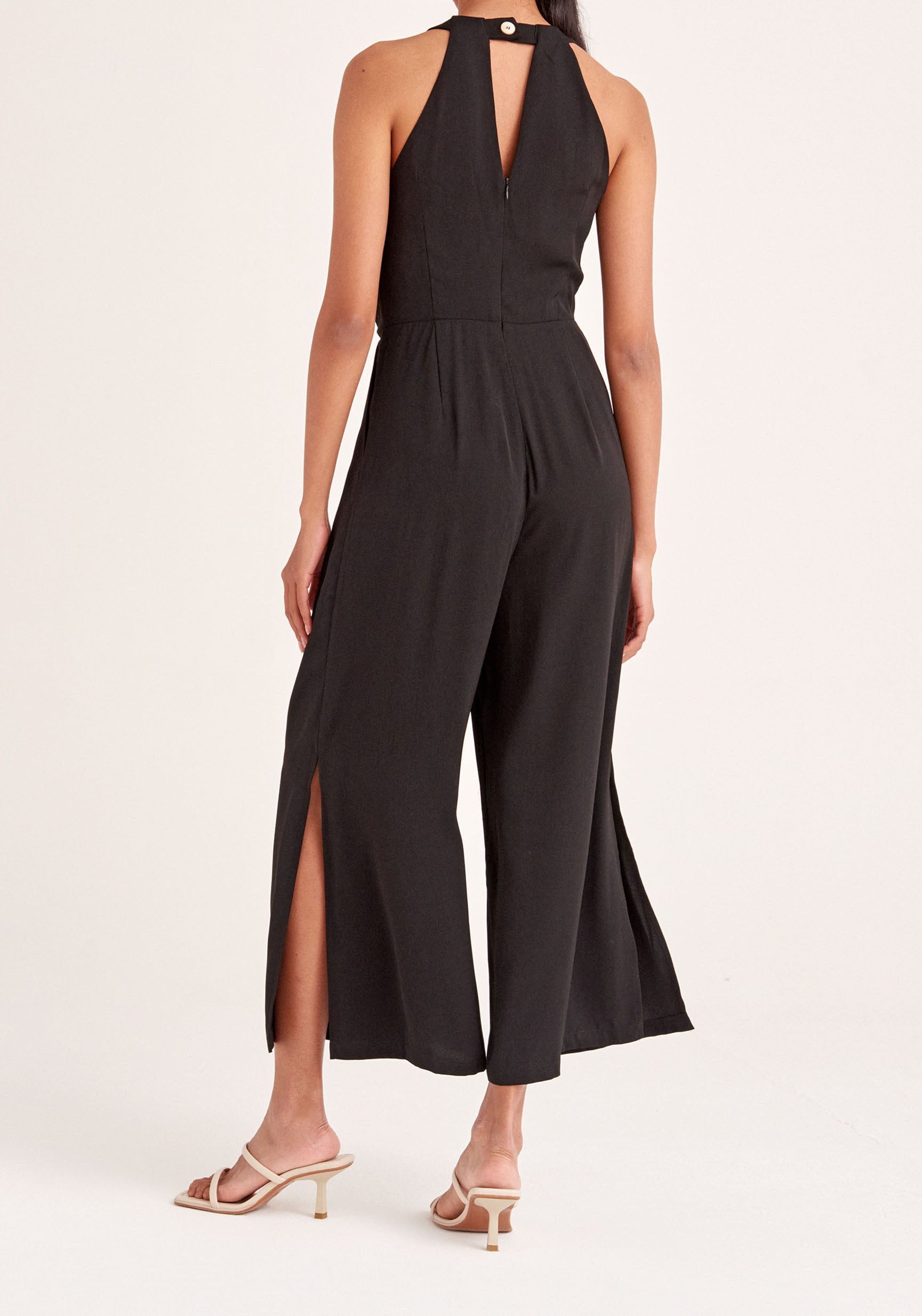 Paisie Detailed Waist Halterneck Jumpsuit in Black Back