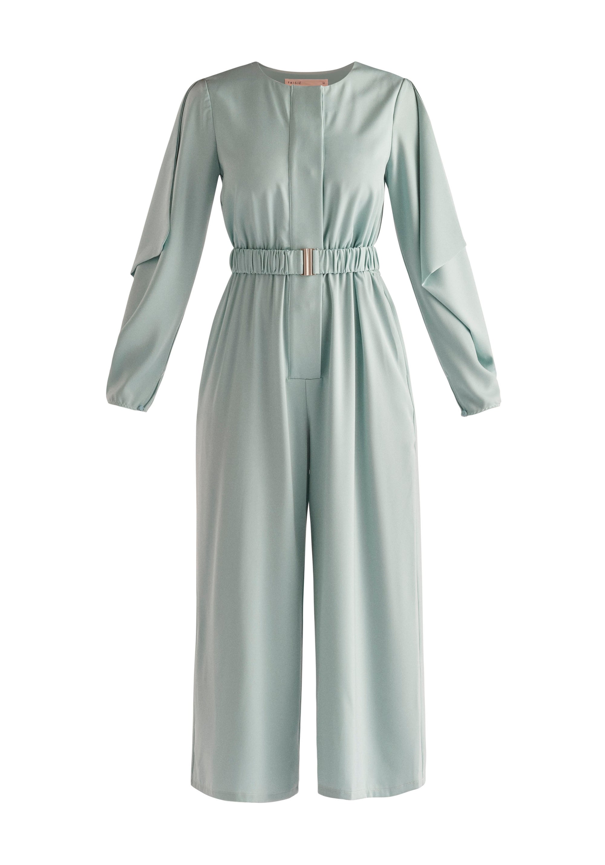 Paisie Belted Satin Jumpsuit in Teal Cut Out