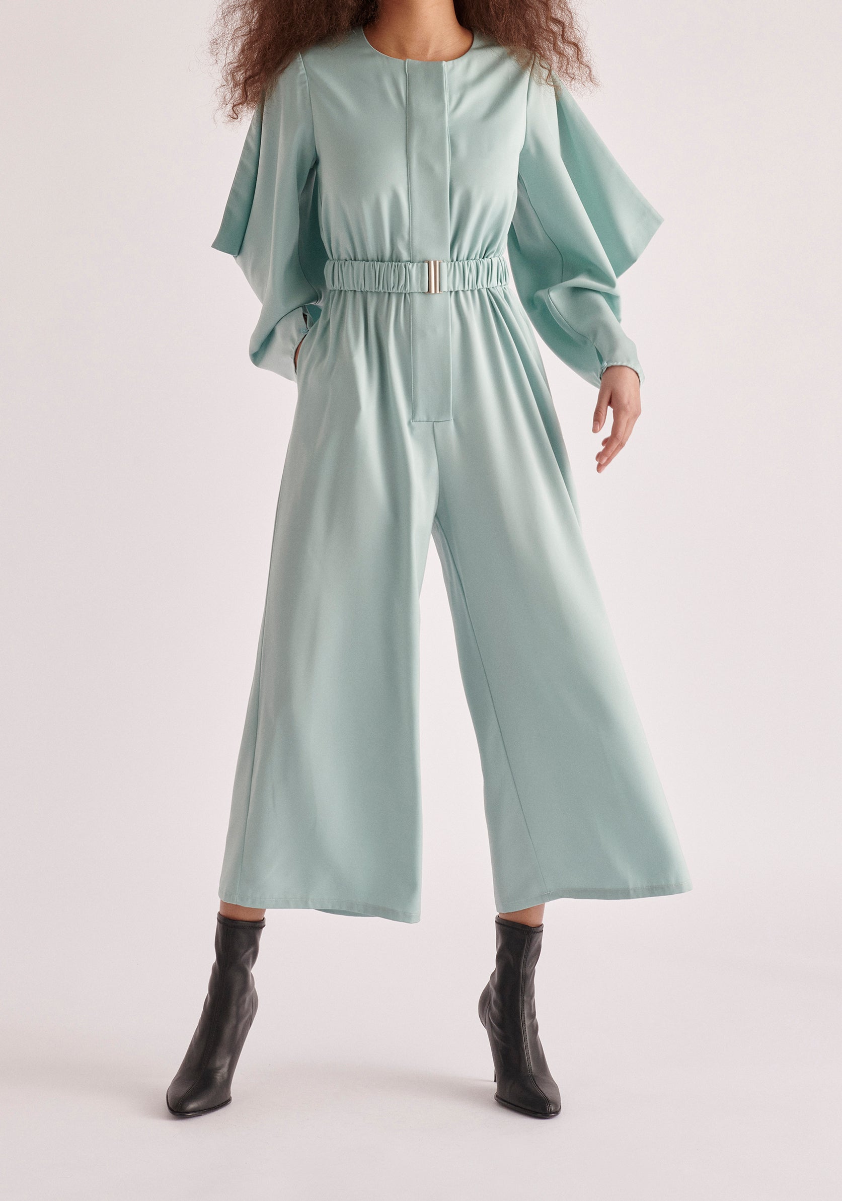 Paisie Belted Satin Jumpsuit in Teal 