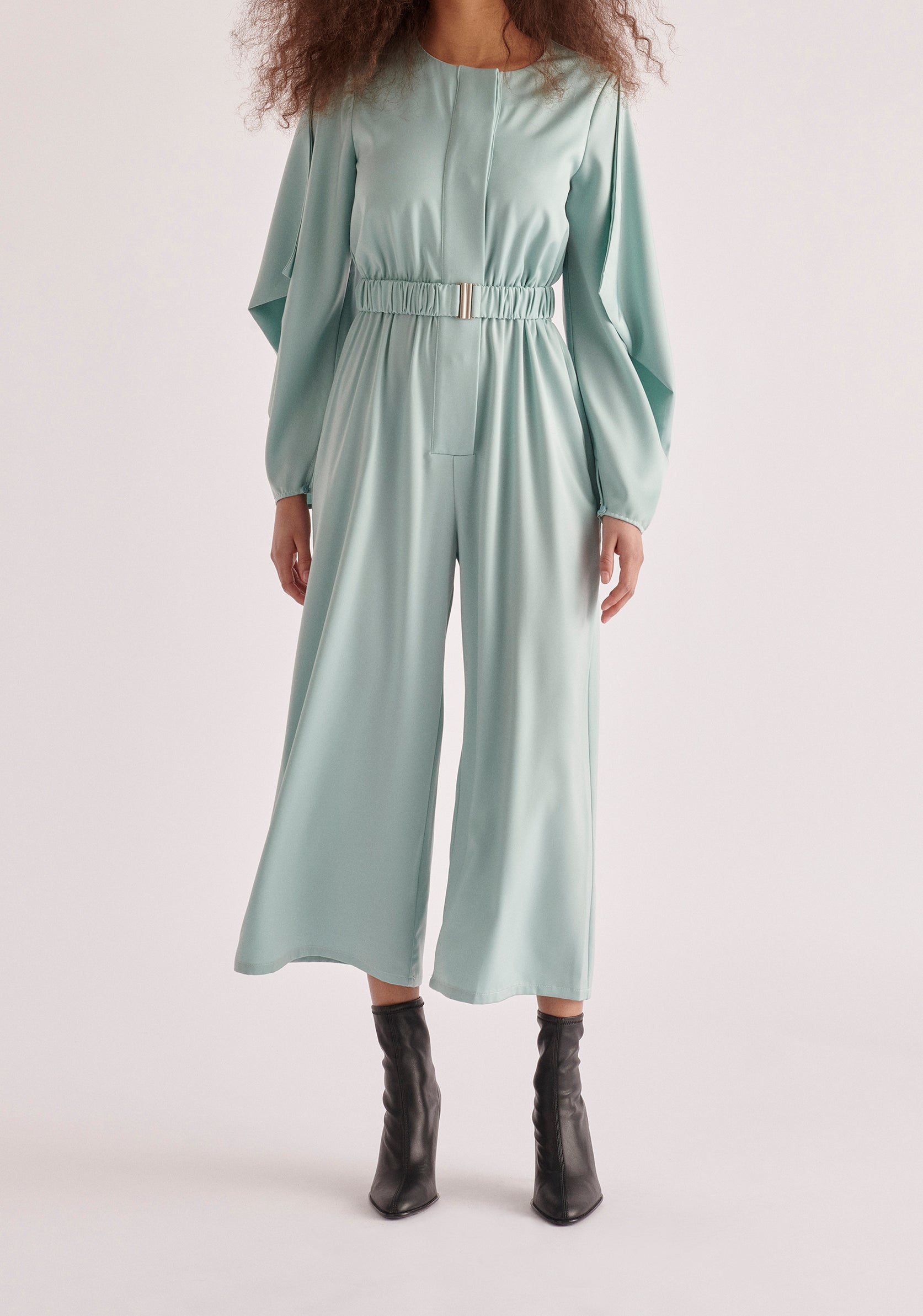 Paisie Belted Satin Jumpsuit in Teal 