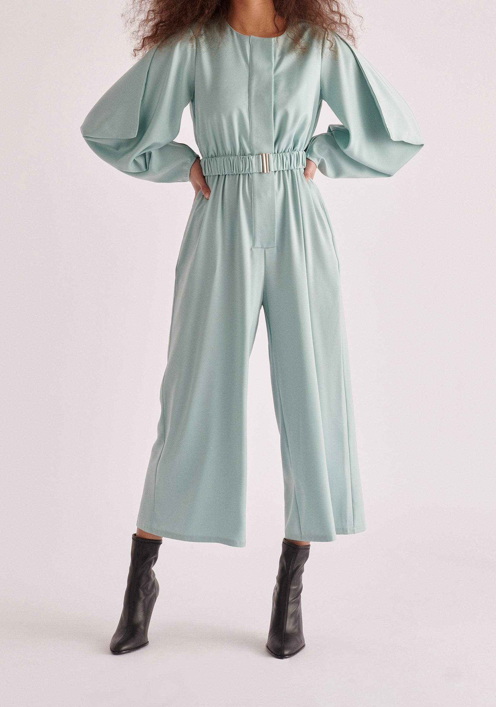 Paisie Belted Satin Jumpsuit in Teal 