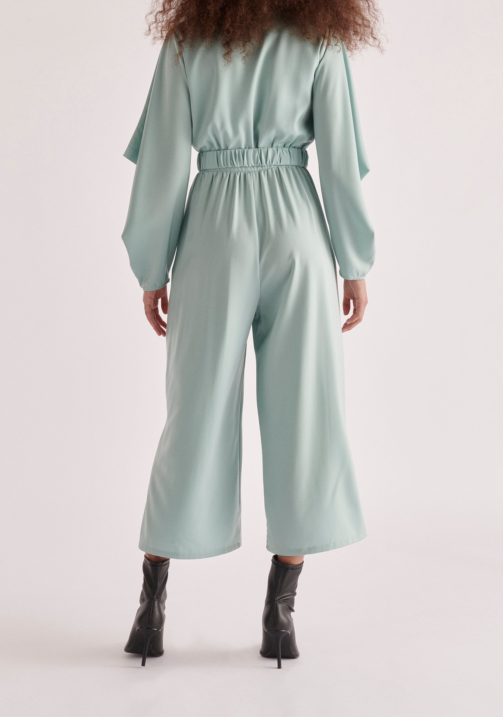 Paisie Belted Satin Jumpsuit in Teal Back