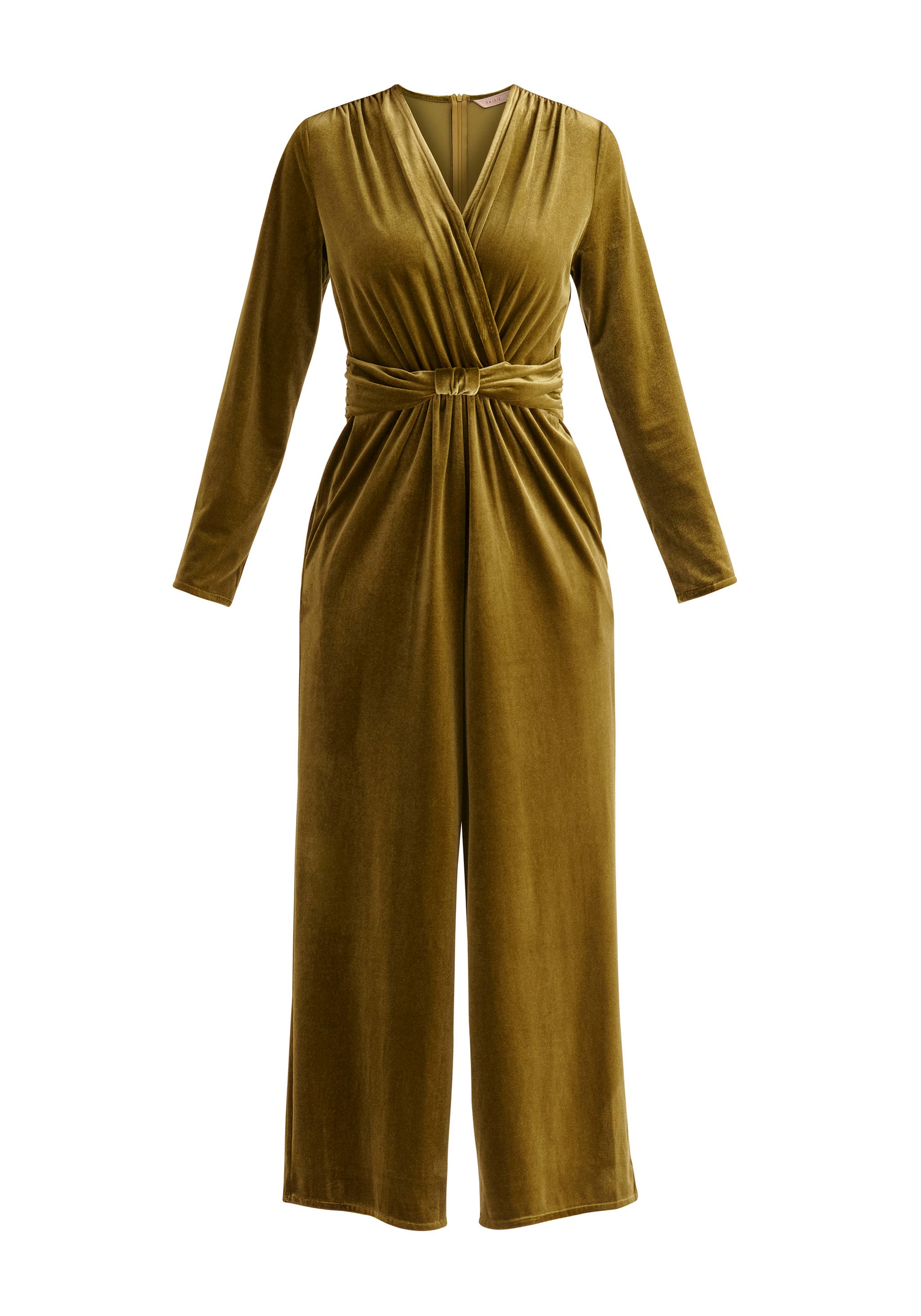 Paisie Velvet Knot-Waist Jumpsuit in Olive Green Cut Out