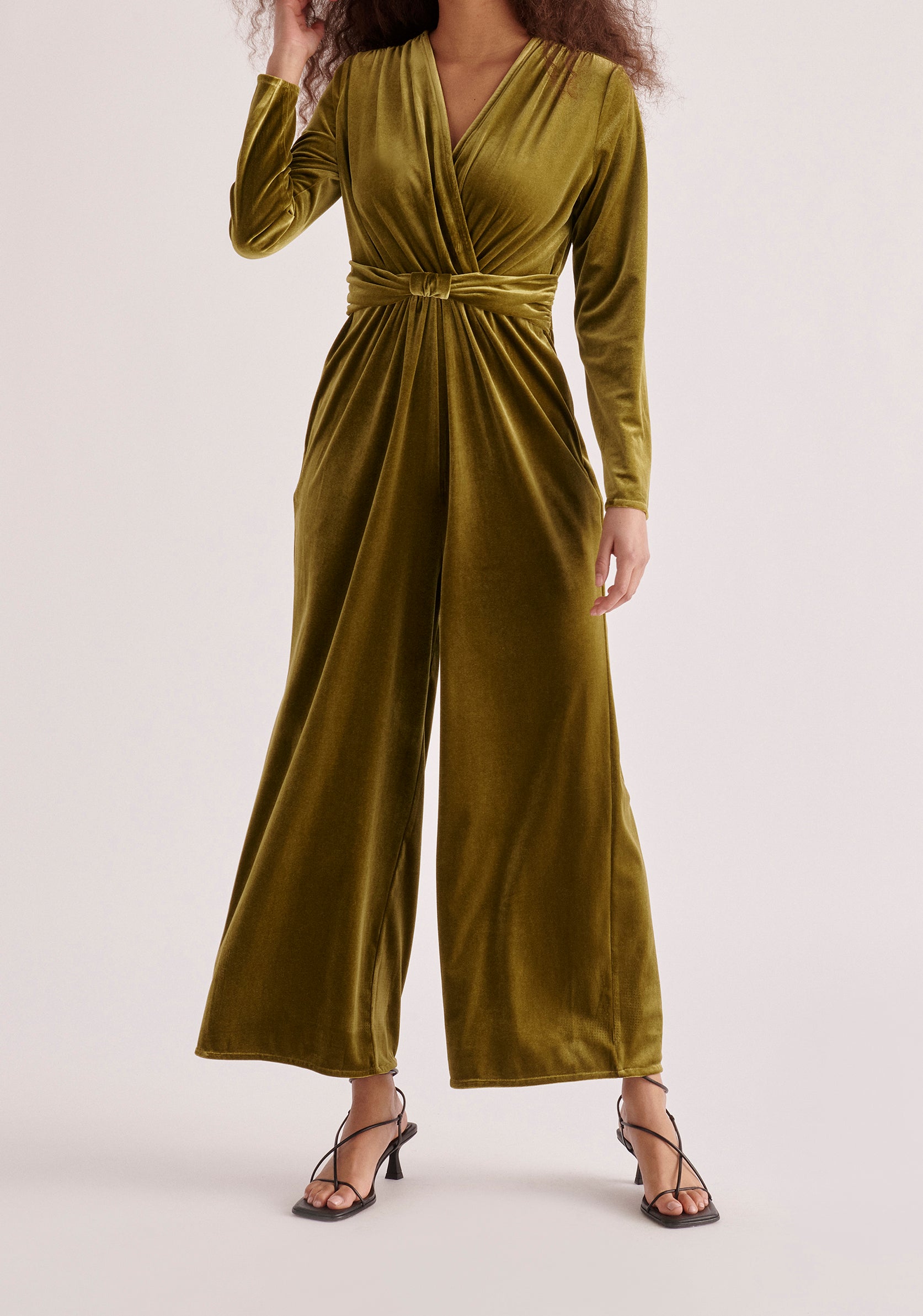 Paisie Velvet Knot-Waist Jumpsuit in Olive Green