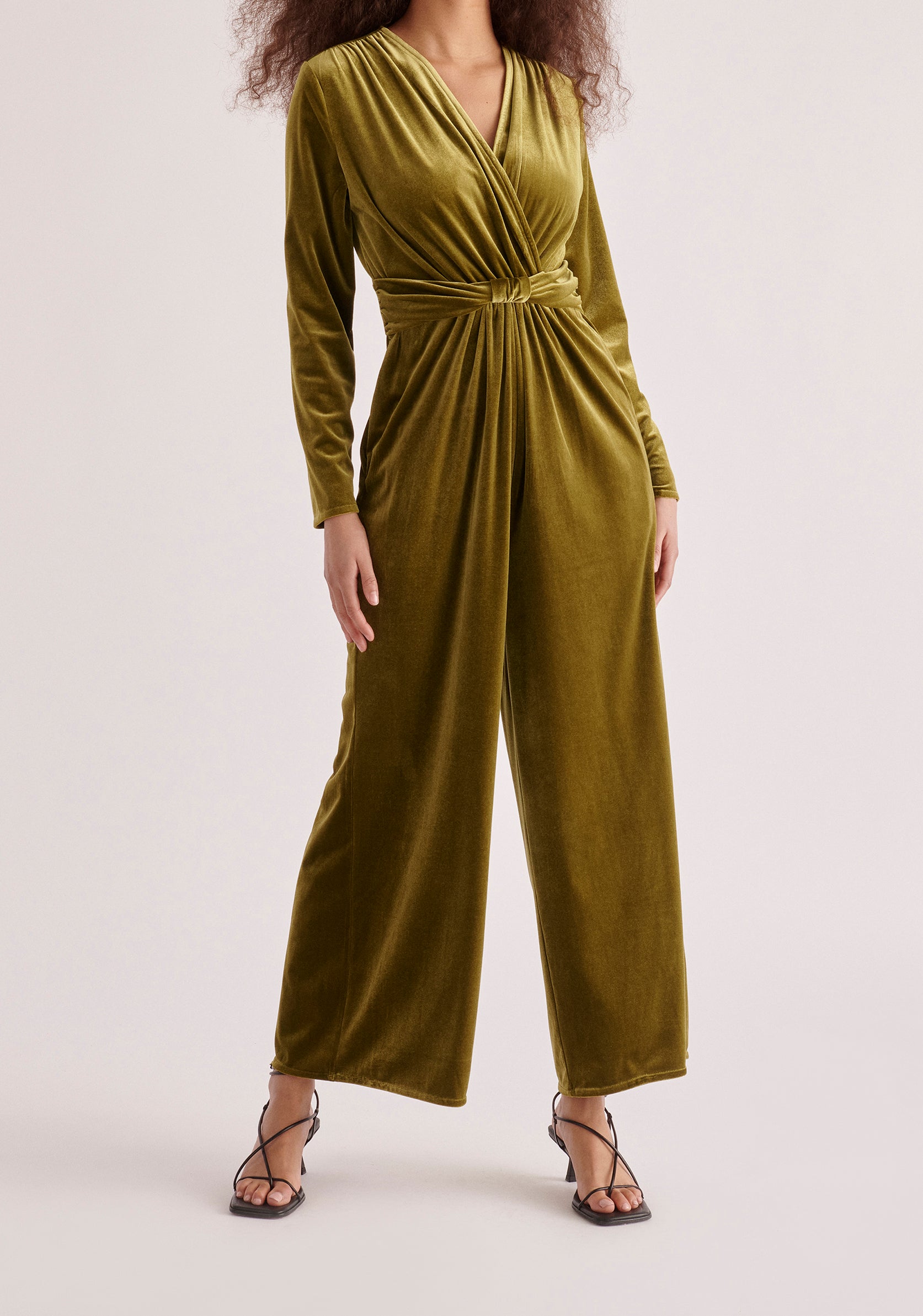 Paisie Velvet Knot-Waist Jumpsuit in Olive Green