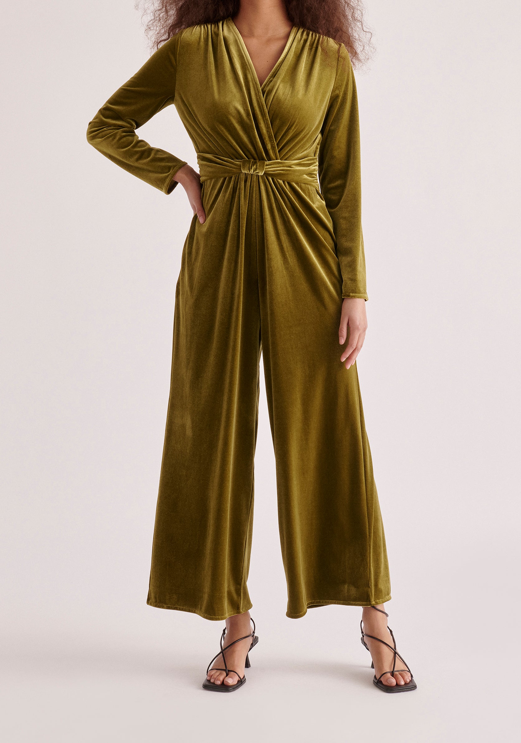 Paisie Velvet Knot-Waist Jumpsuit in Olive Green