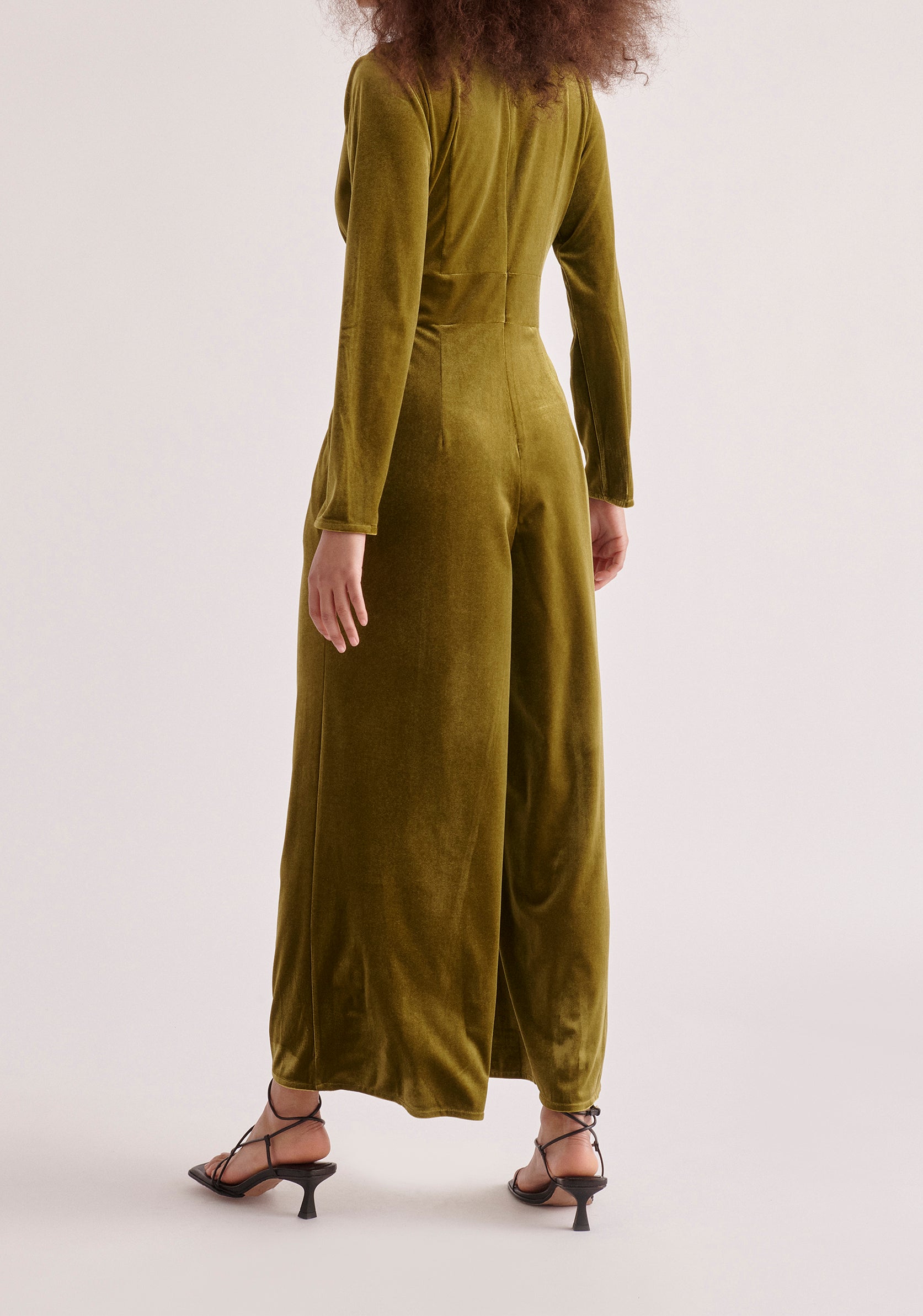 Paisie Velvet Knot-Waist Jumpsuit in Olive Green Back