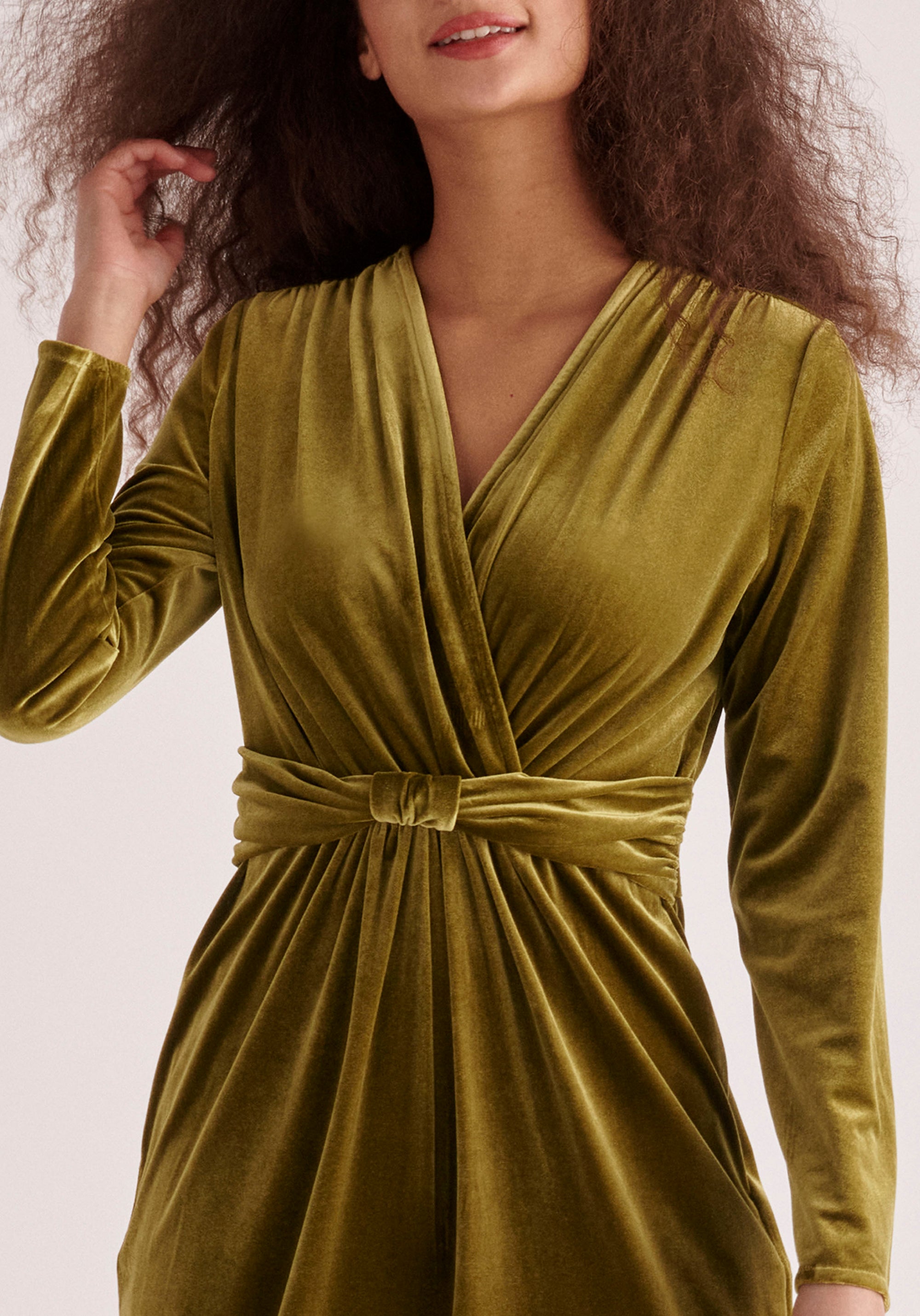 Paisie Velvet Knot-Waist Jumpsuit in Olive Green Close Up