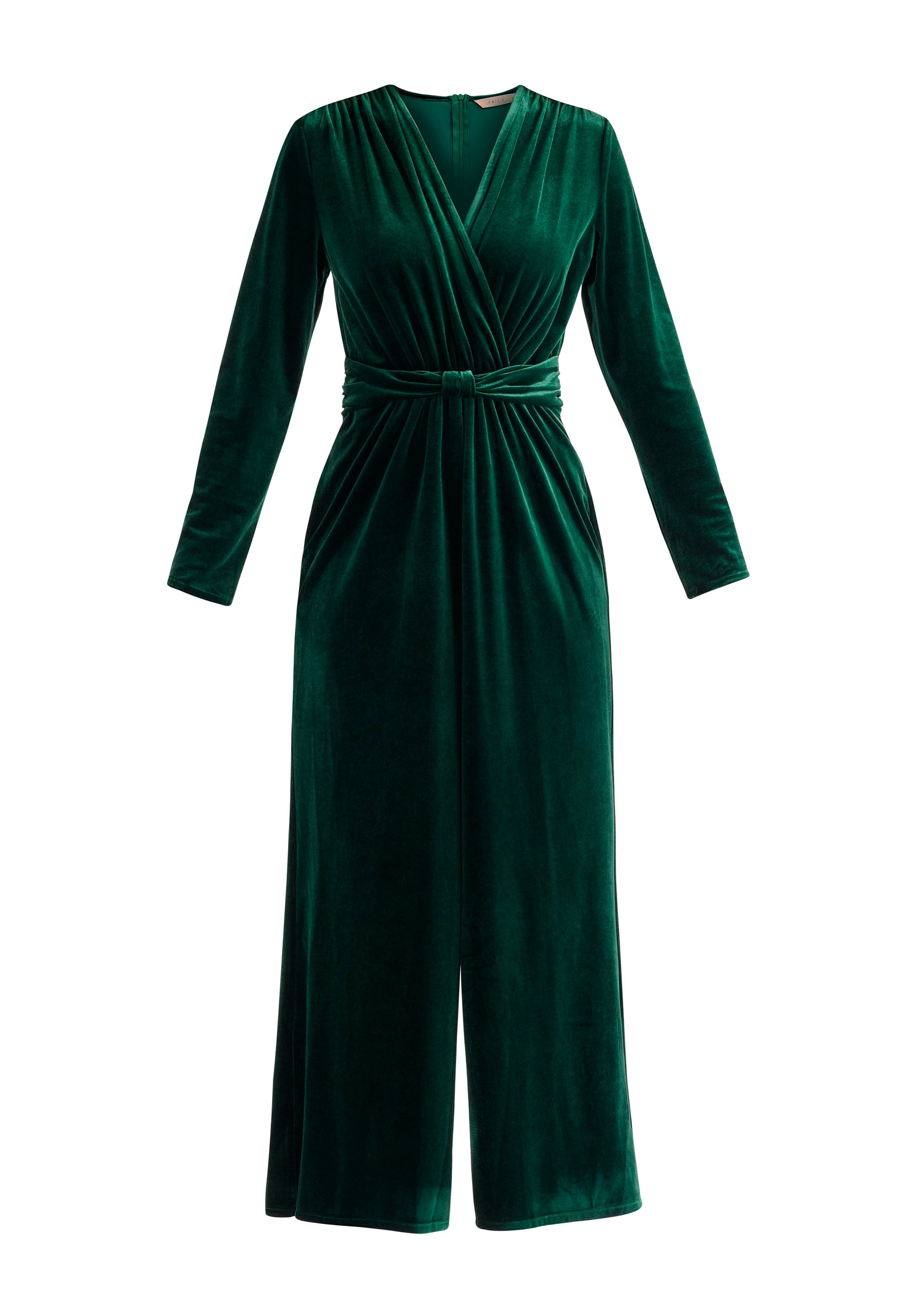 Paisie Velvet Knot-Waist Jumpsuit in Dark Green Cut Out