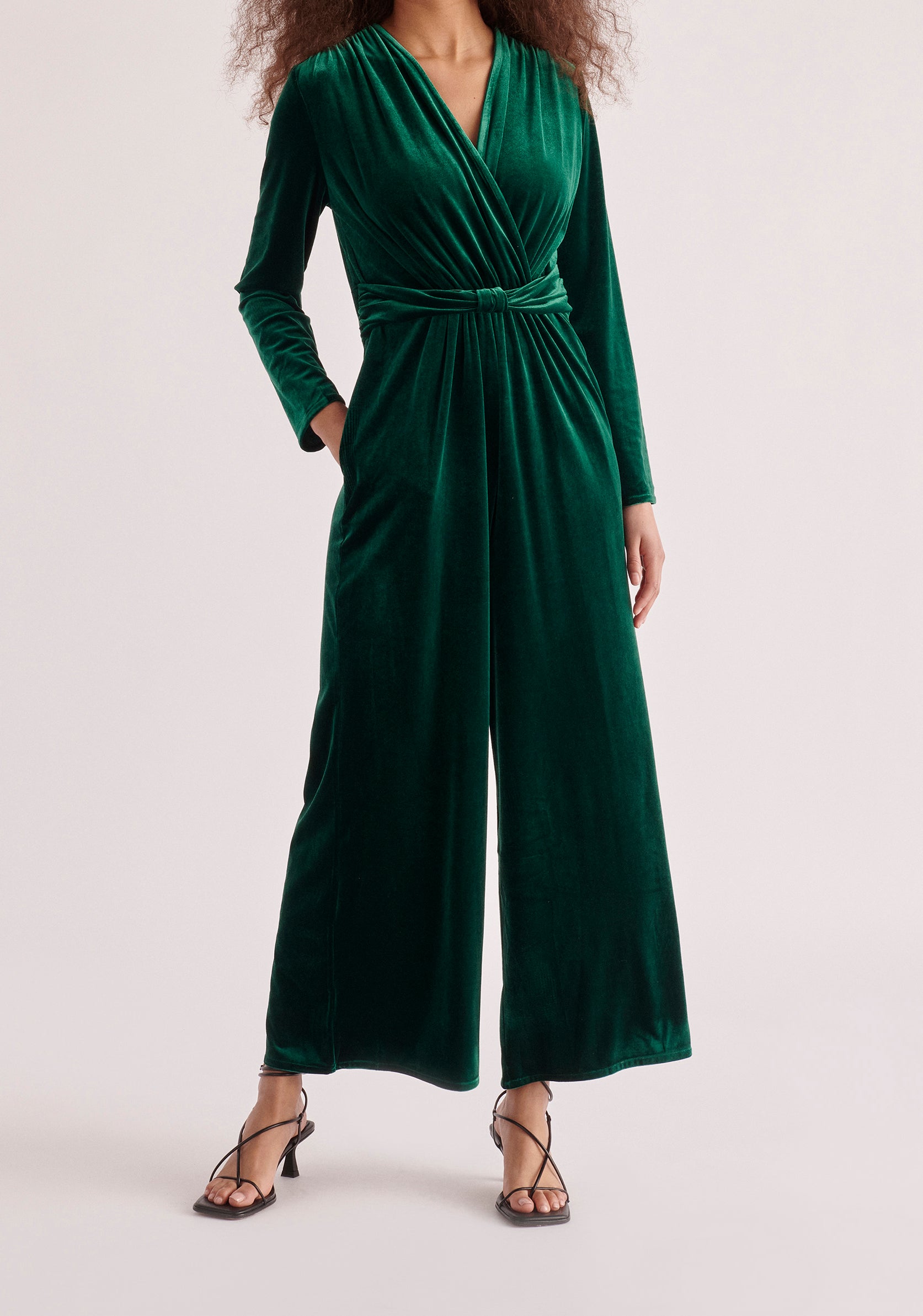 Paisie Velvet Knot-Waist Jumpsuit in Dark Green