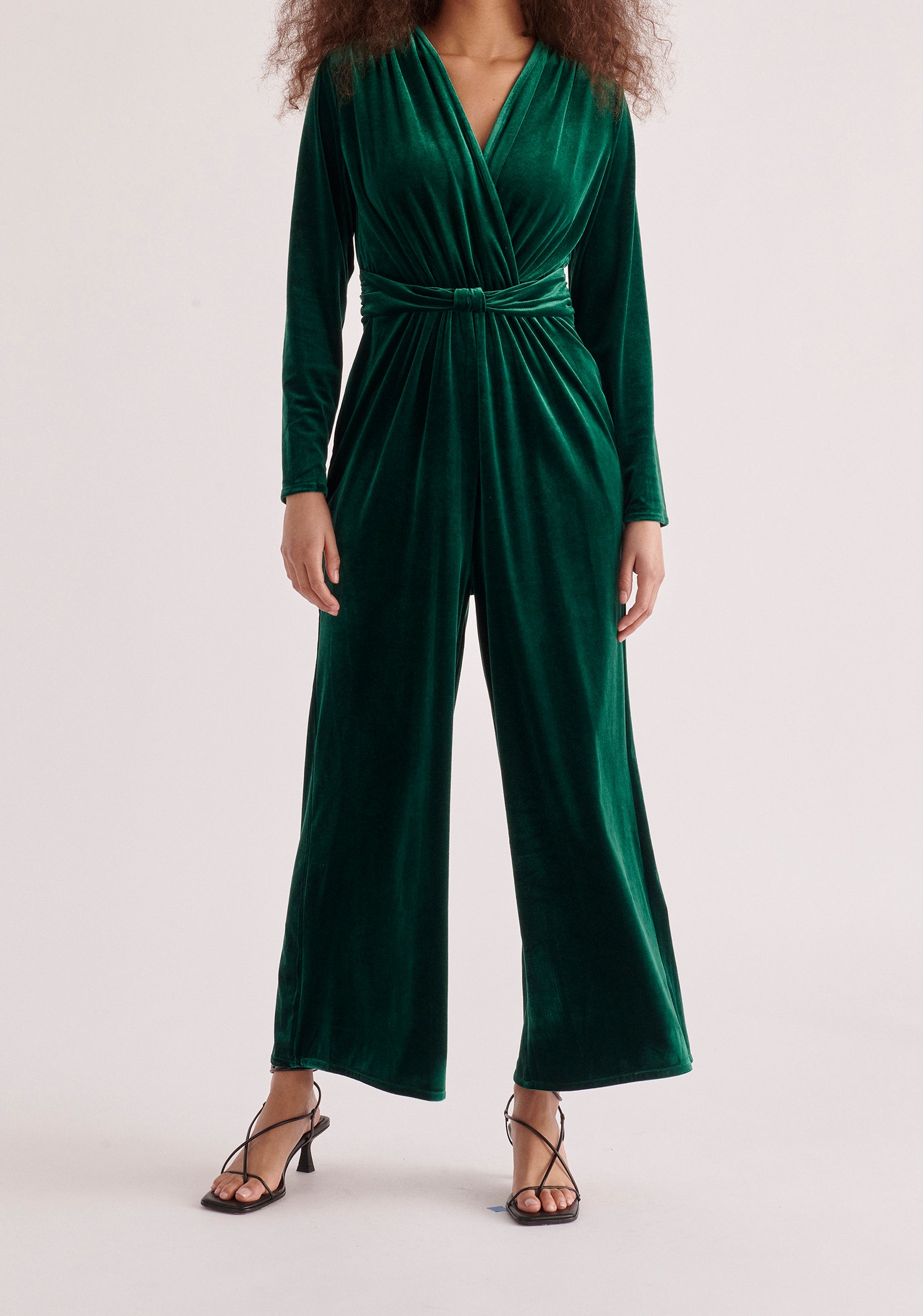 Paisie Velvet Knot-Waist Jumpsuit in Dark Green