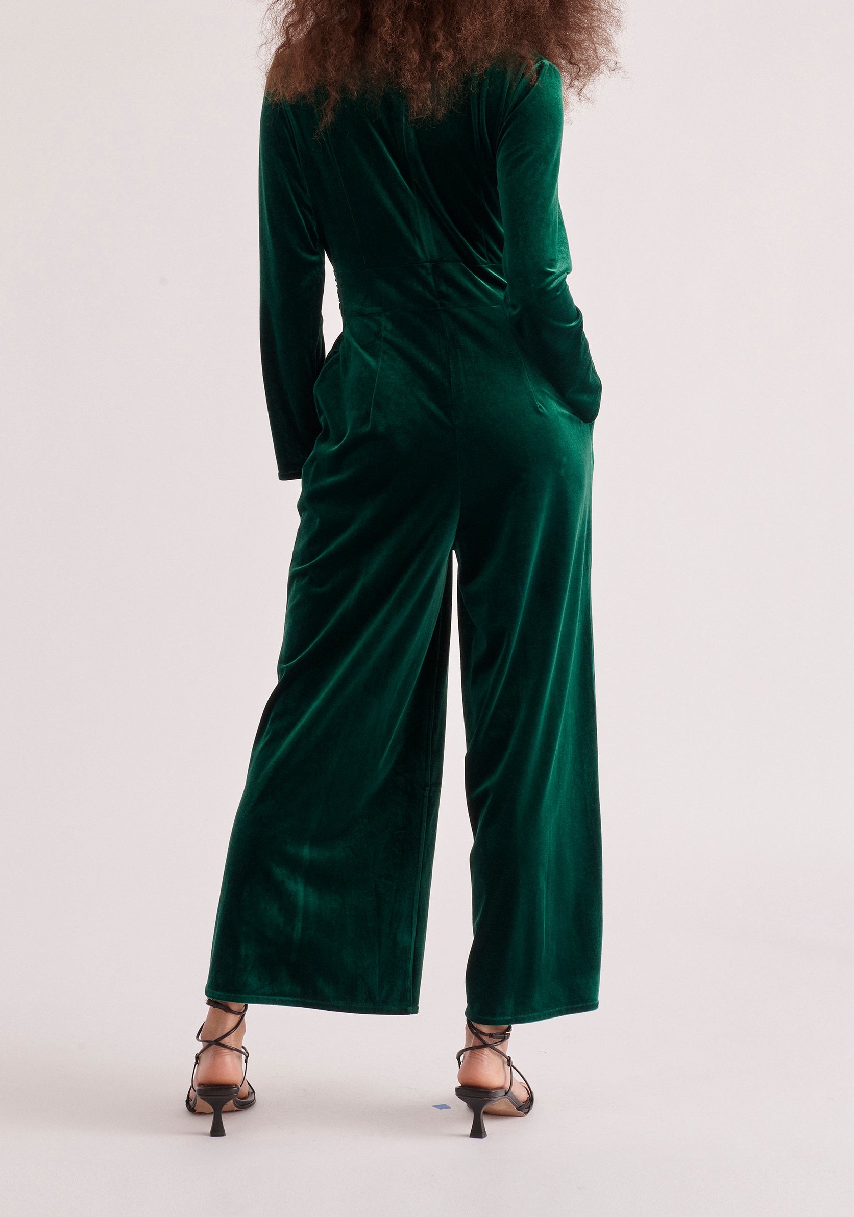 Paisie Velvet Knot-Waist Jumpsuit in Dark Green Back