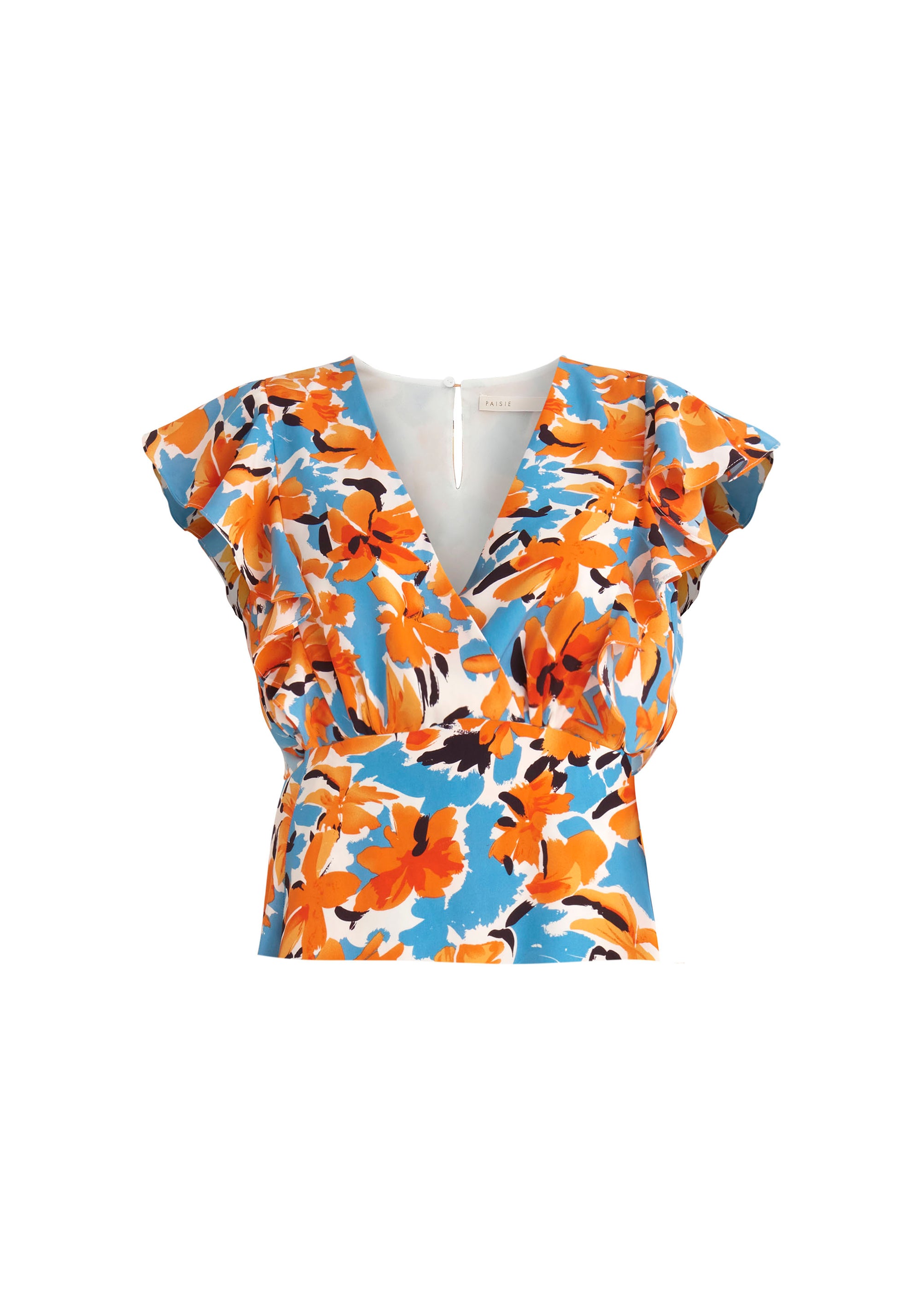 Paisie Floral Wrap Top with Frills in Orange Cut Out