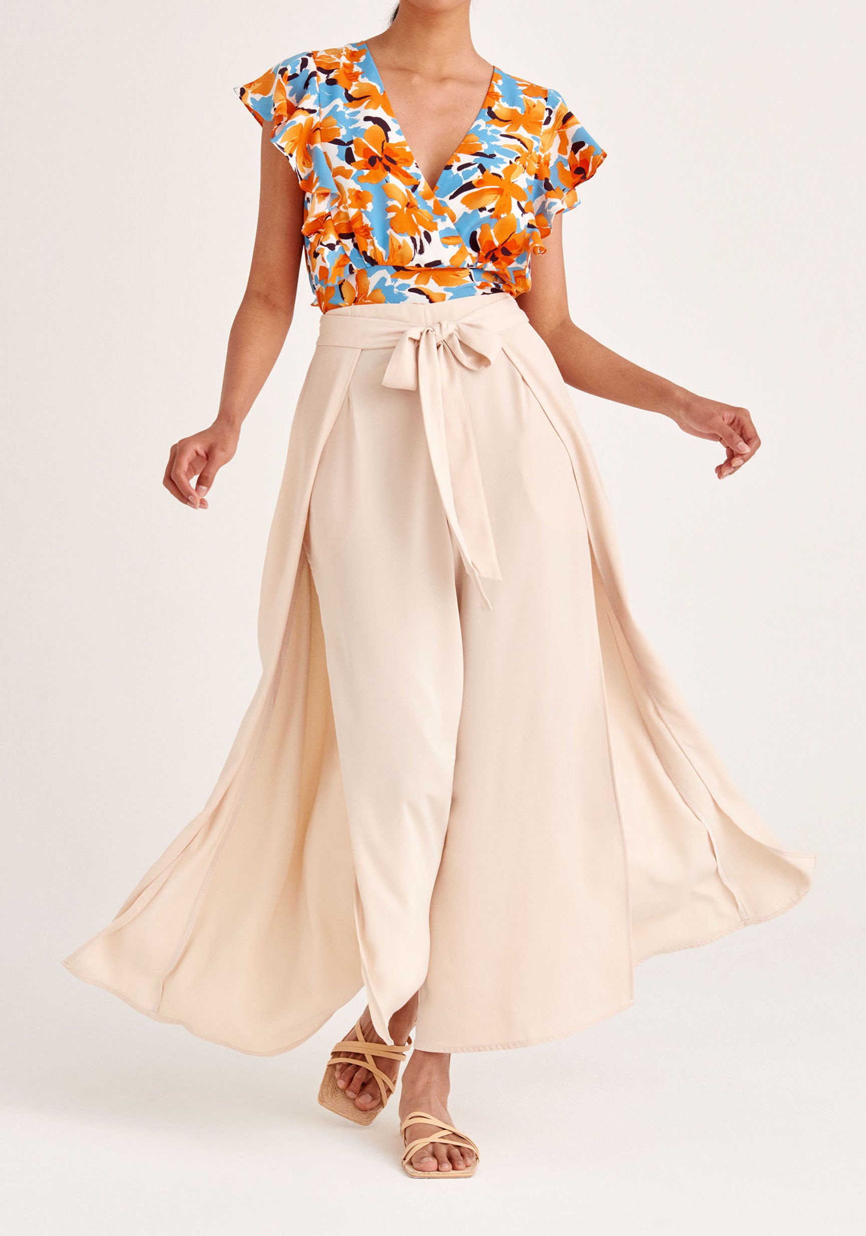 Paisie Floral Wrap Top with Frills in Orange