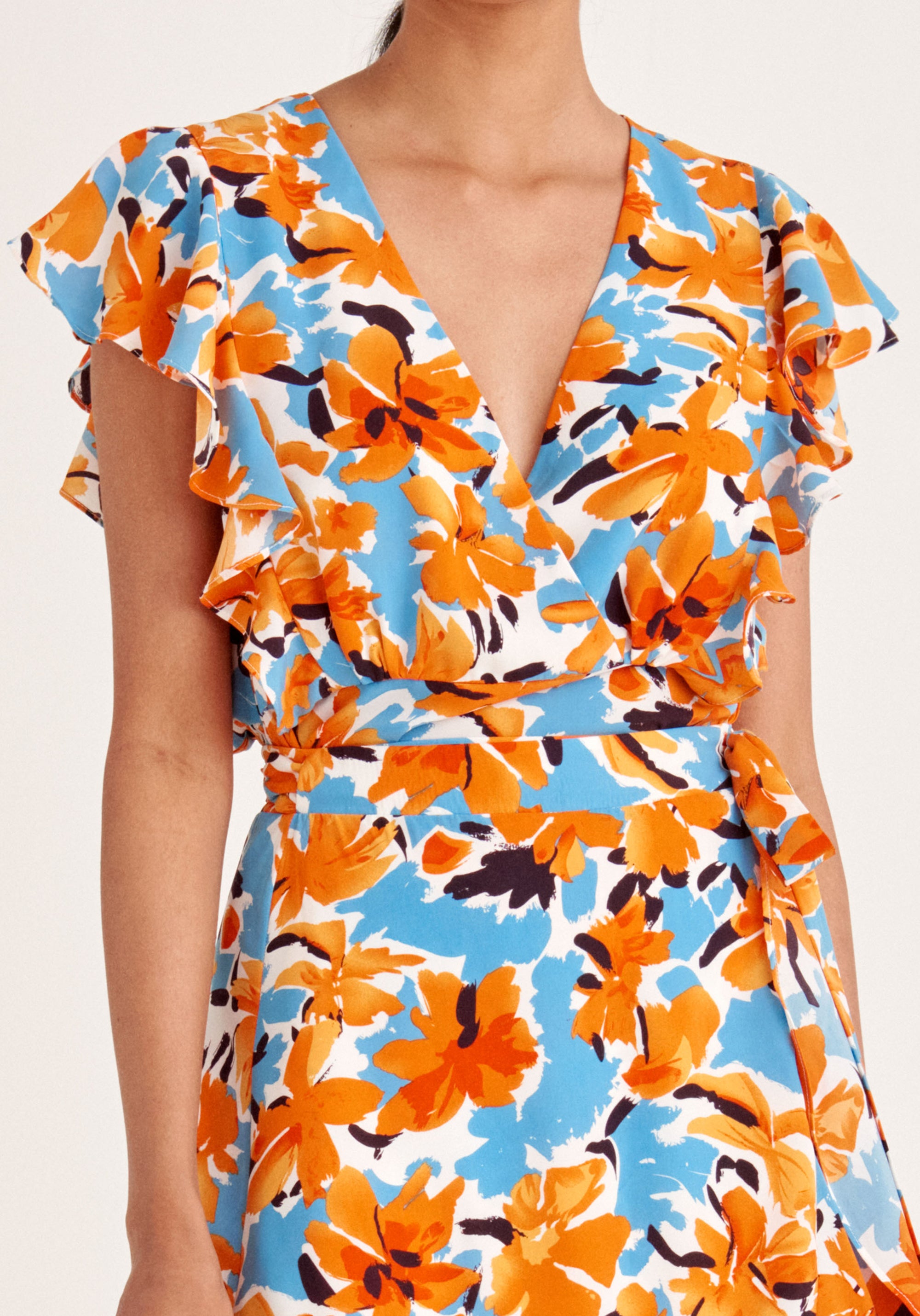 Paisie Floral Wrap Top with Frills in Orange Close Up