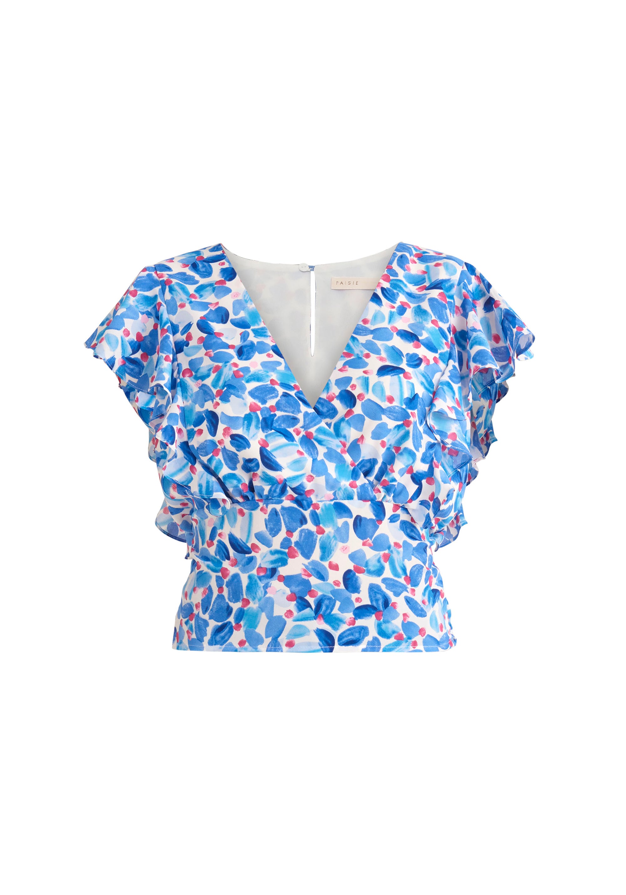 Paisie Floral Wrap Top with Frills in Blue Cut Out