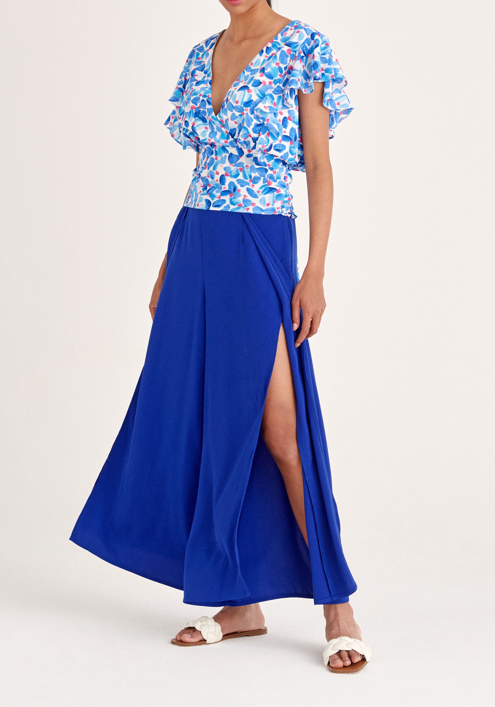 Paisie Floral Wrap Top with Frills in Blue