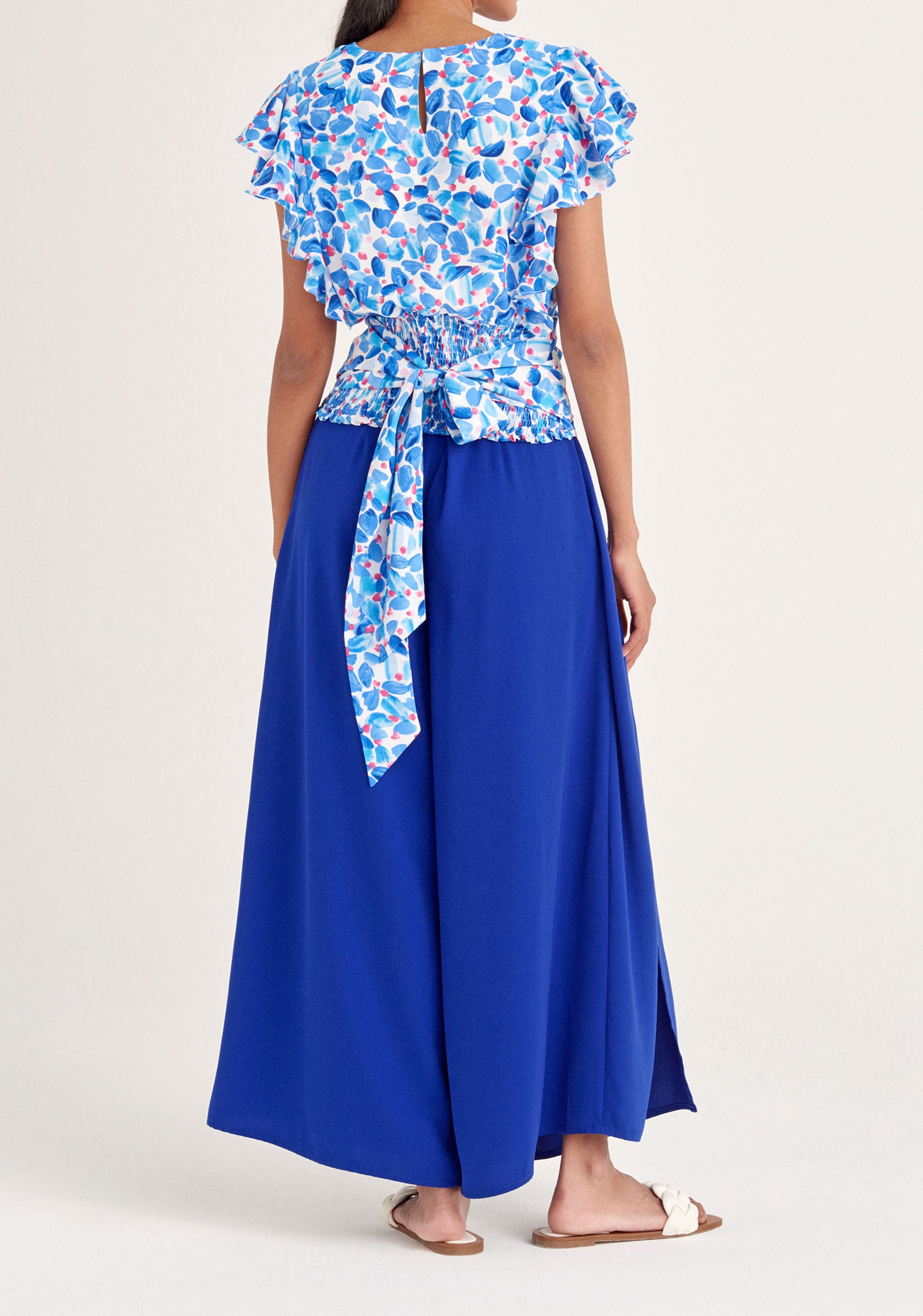 Paisie Floral Wrap Top with Frills in Blue Back