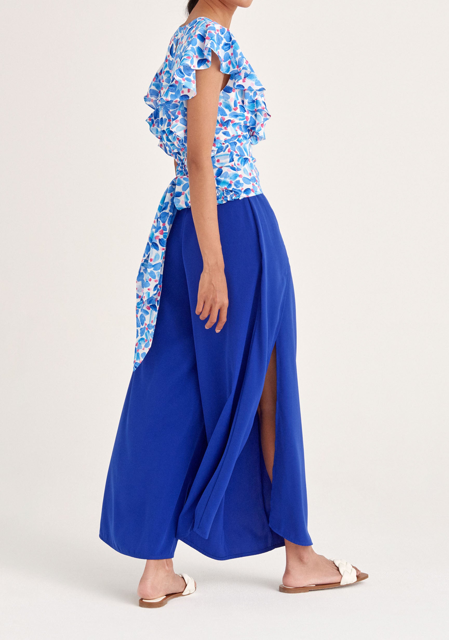 Paisie Floral Wrap Top with Frills in Blue Side