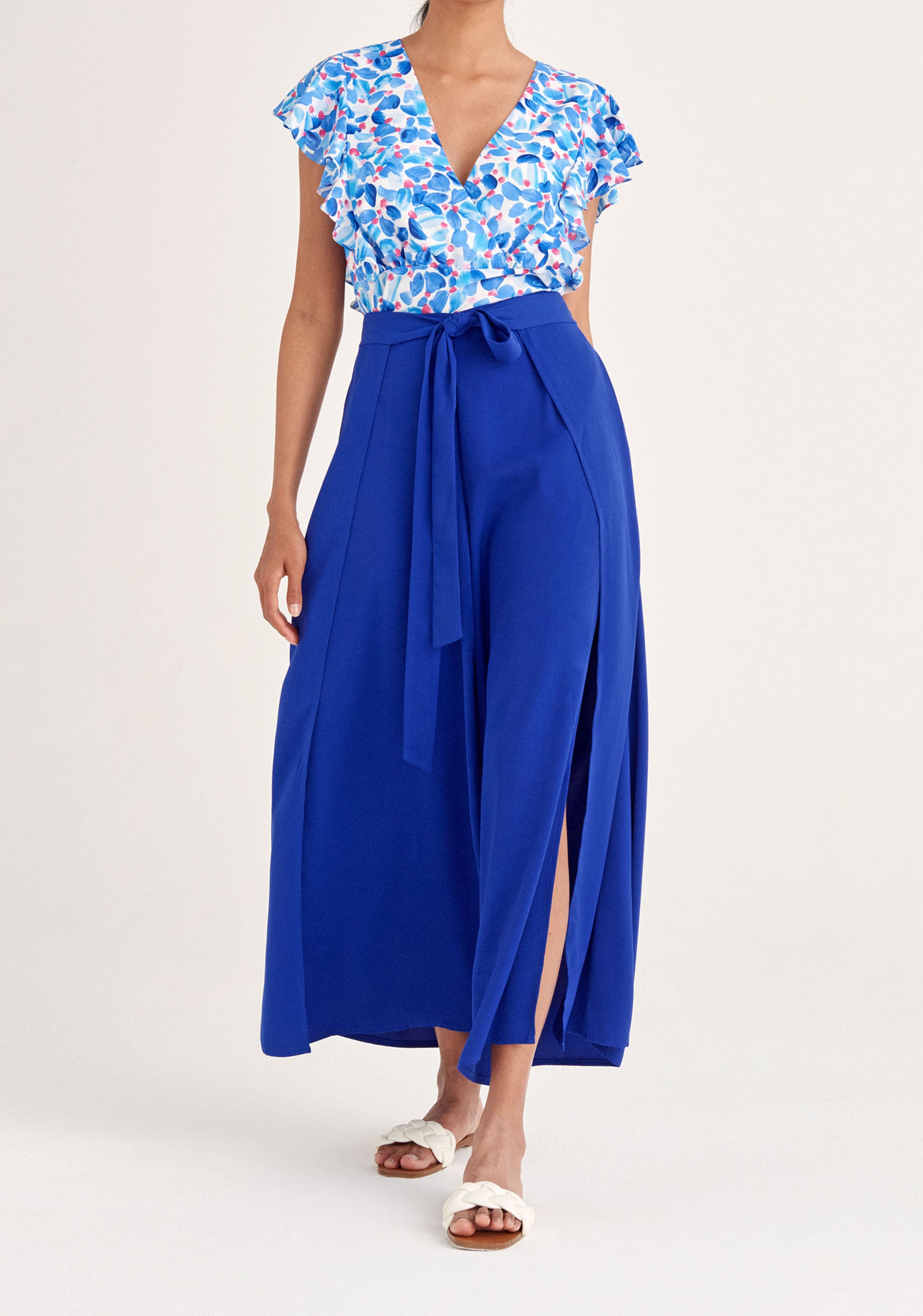 Paisie Floral Wrap Top with Frills in Blue